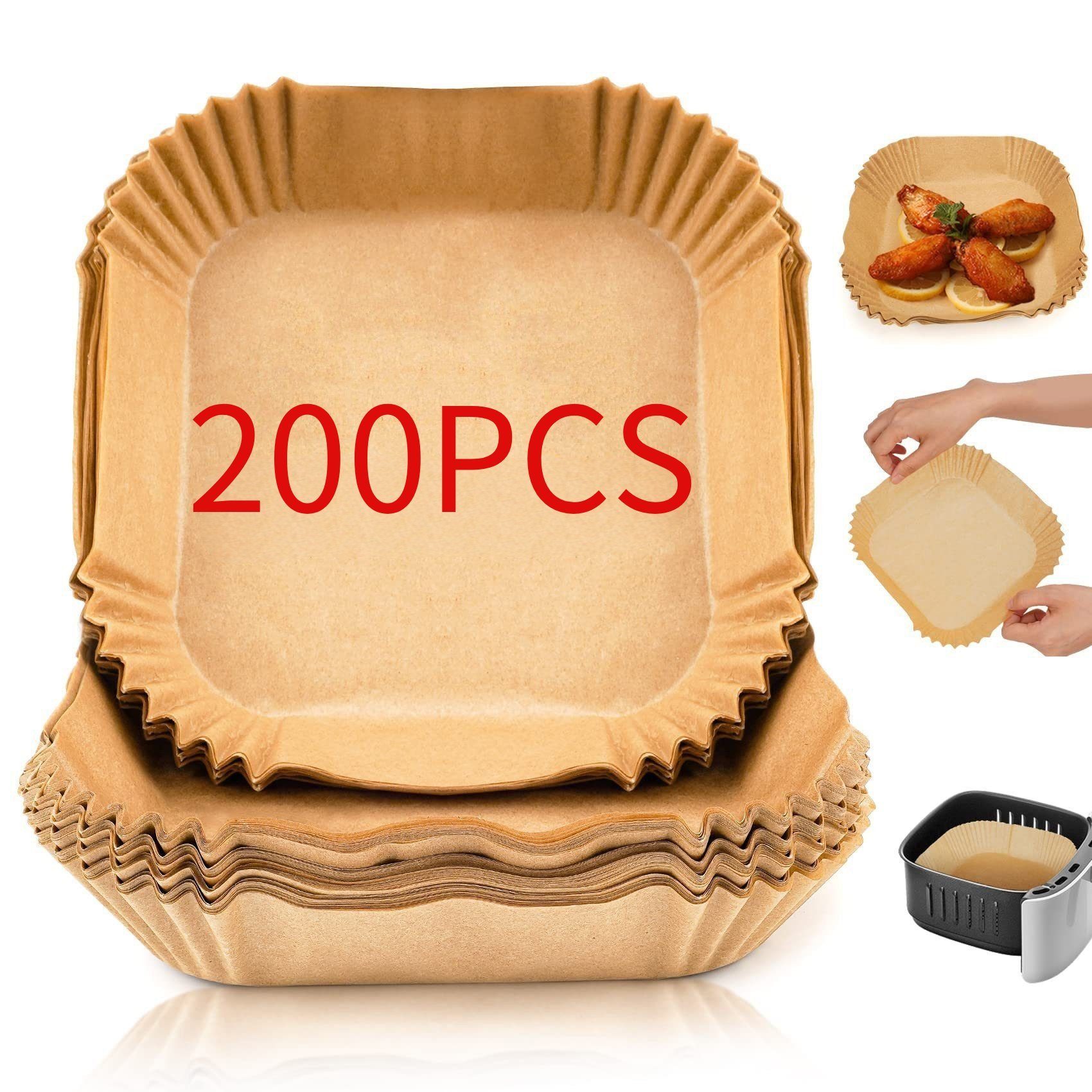 SOTOR Backpapier 200 Stück Backpapier für Heißluftfritteuse, quadratisches Backpapier, Nicht klebend, Einweg, ölbeständig Backpapier Airfryer, 16.5cm/20cm