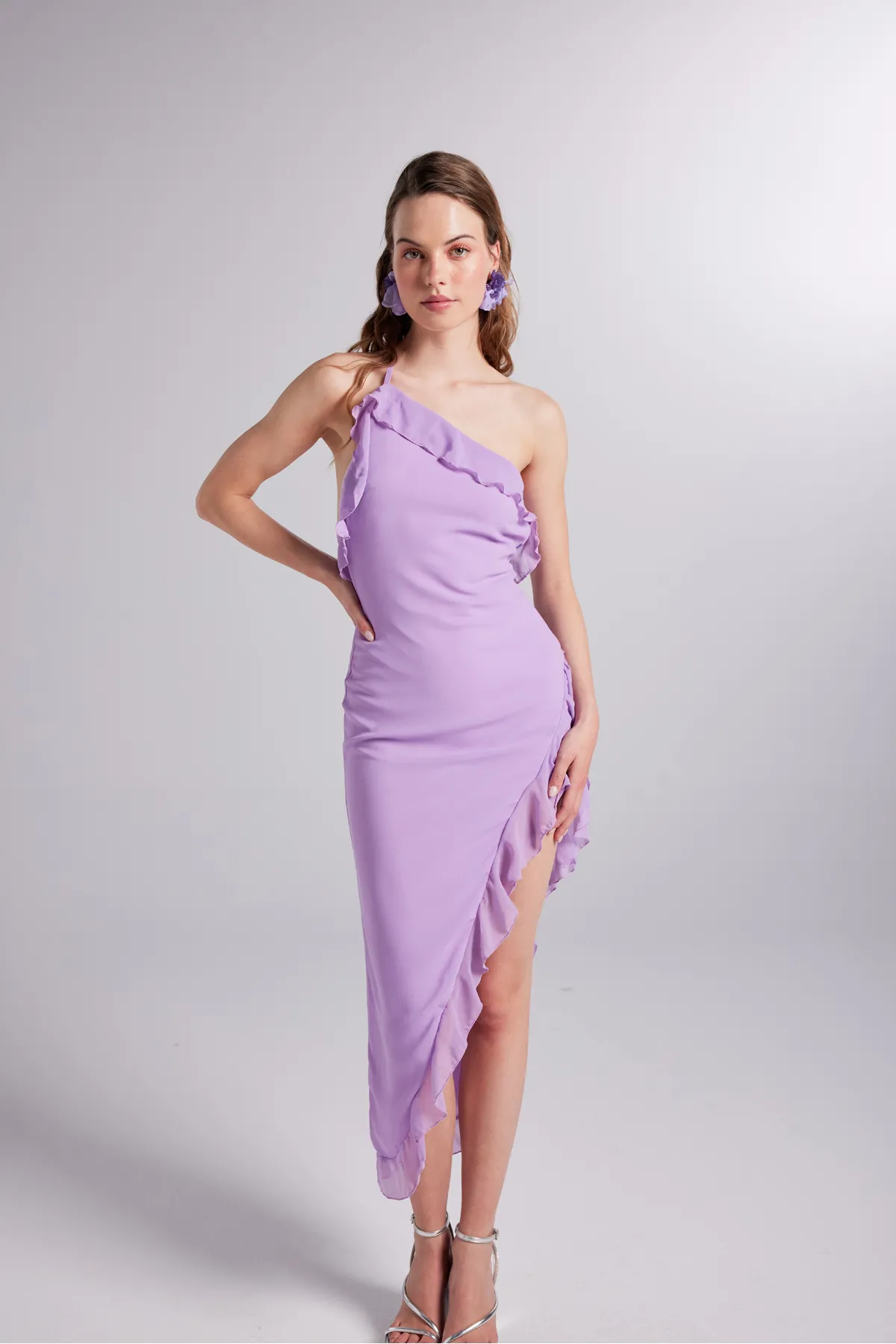 HOLLY LOLLY  One-Shoulder-Rüschendetailliertes Chiffon-Liebeskleid Flieder