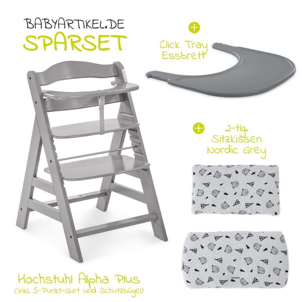 Hauck Hochstuhl Alpha Plus Grau (3 St), Holz Kinderhochstuhl mit Tablett Click Tray & Sitzauflage verstellbar
