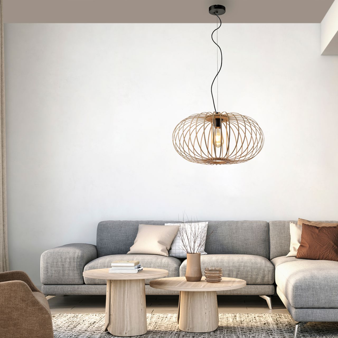 JUST LIGHT LeuchtenDirekt Pendelleuchte RACOON, Materialmix, Holz-natur, 1-flg., 1xE27/40W exkl., Ø50cm