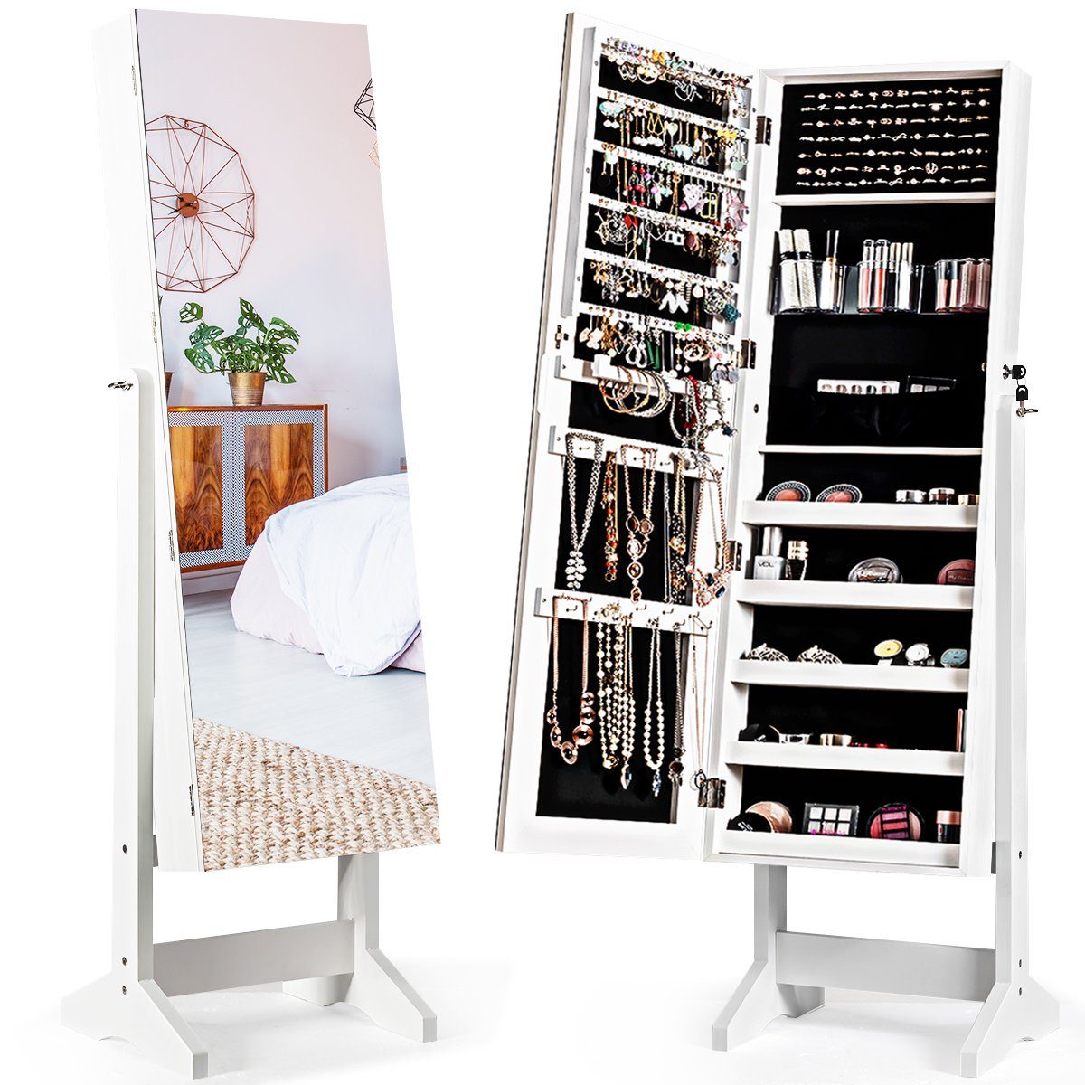 COSTWAY Schmuckschrank Ganzkörperspiegel, abschließbar&Neigungsverstellbar