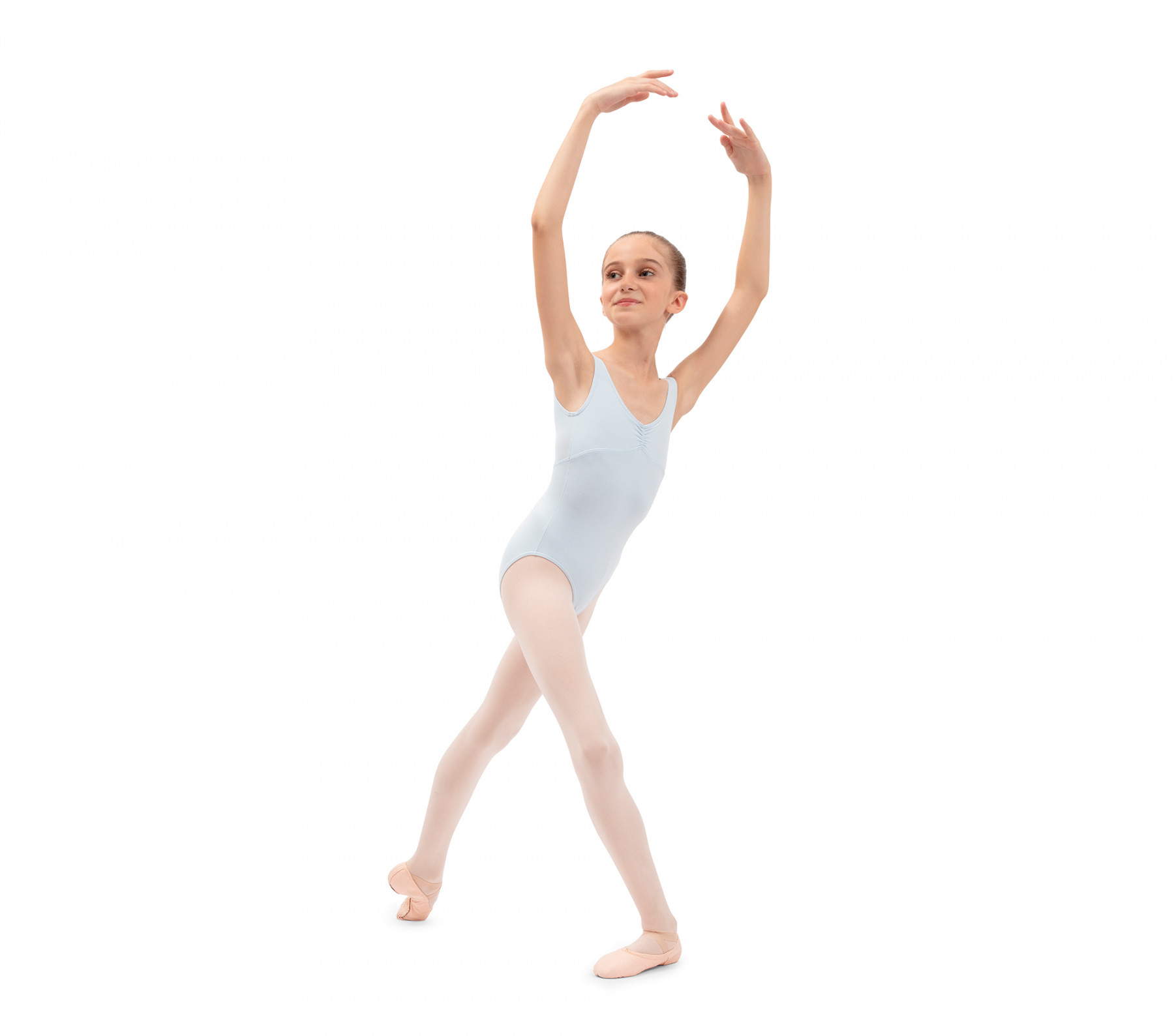 Gathered front and back leotard neckline