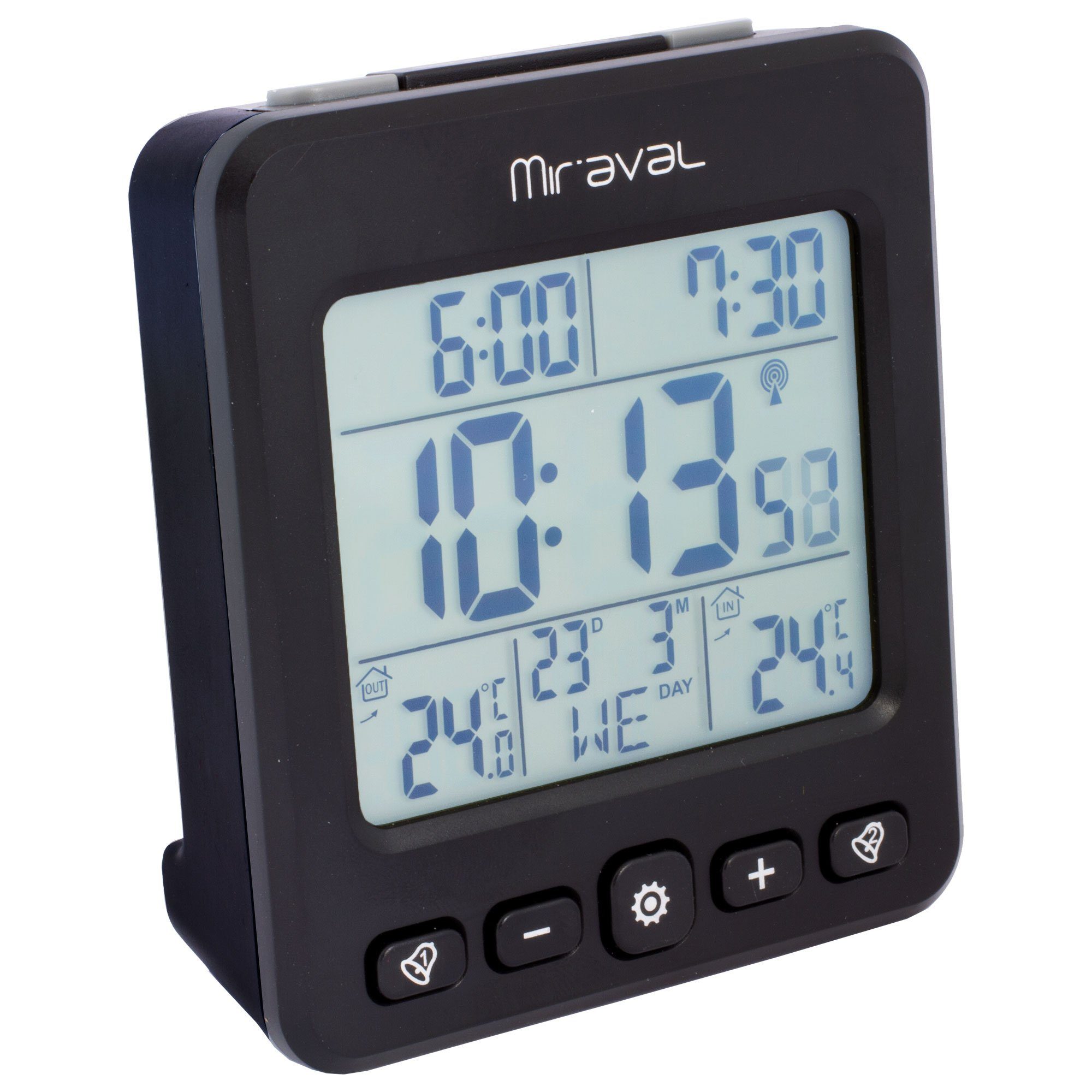 Miraval LCD Funkwecker mit Außensensor Wetterstation Datumsanzeige Funkuhr Kalender Datum 2 Alarme Datumsanzeige Snooze Funkwetterstation (Datumsanzeige, Funksignal, Temperaturanzeige, Aussensensor, AA-Batterien, Schwarz, Großer Display, Funkwecker)