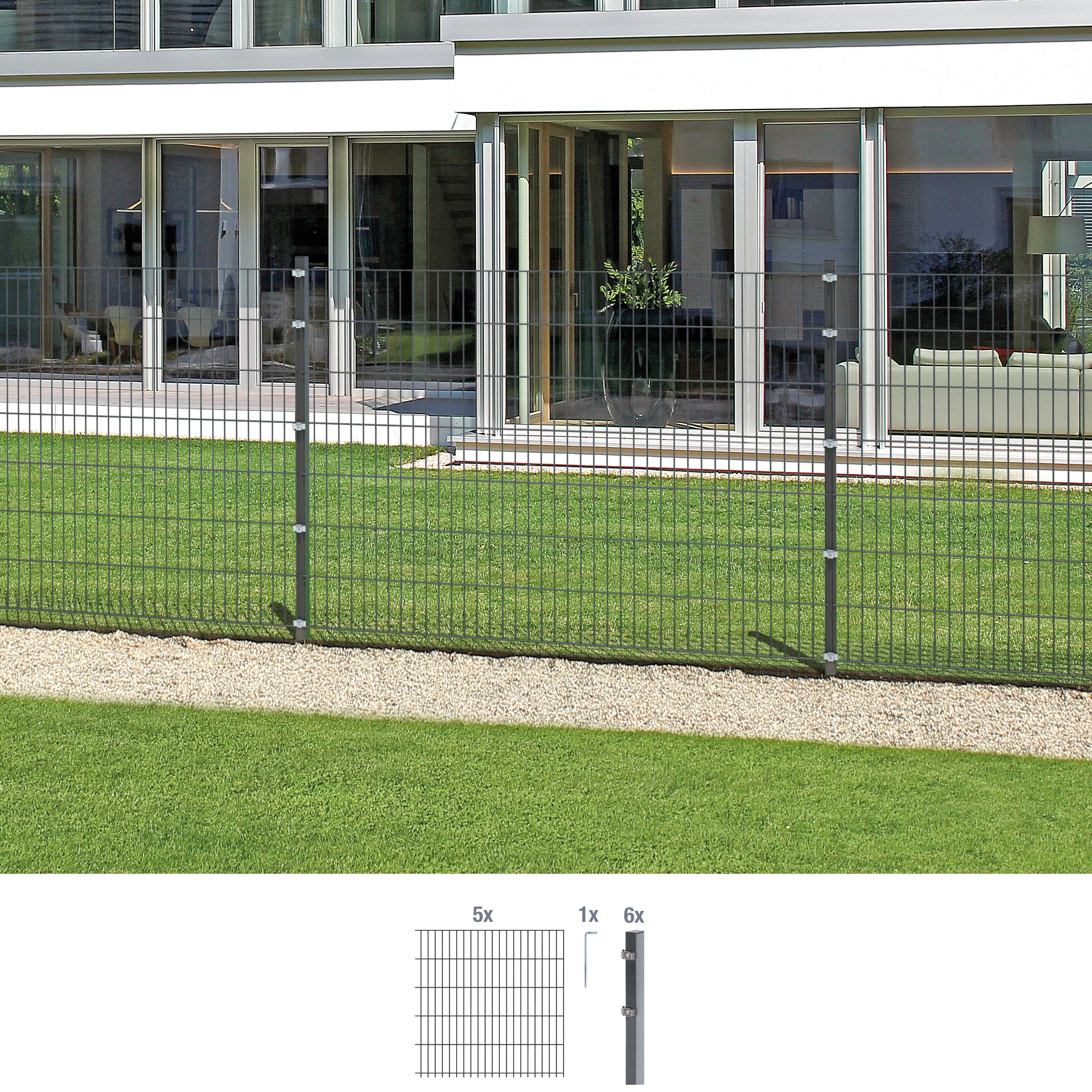 Alberts Doppelstabmattenzaun, (Set), anthrazit, 140 cm hoch, 5 Matten für 10 m, 6 Pfosten