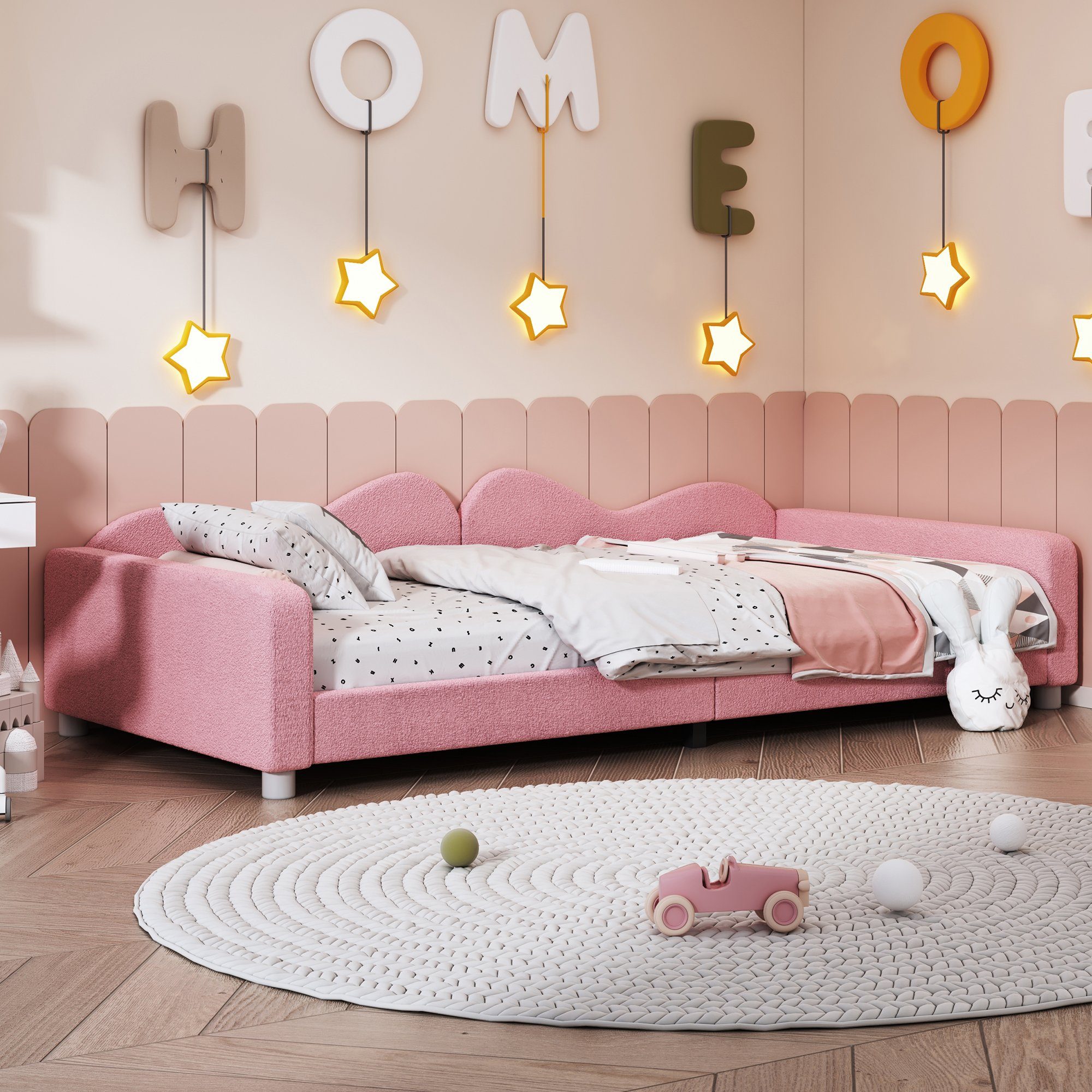 Flieks Polsterbett, Teddy-Samt Kinderbett Einzelbett Schlafsofa mit Lattenrost 90x200cm