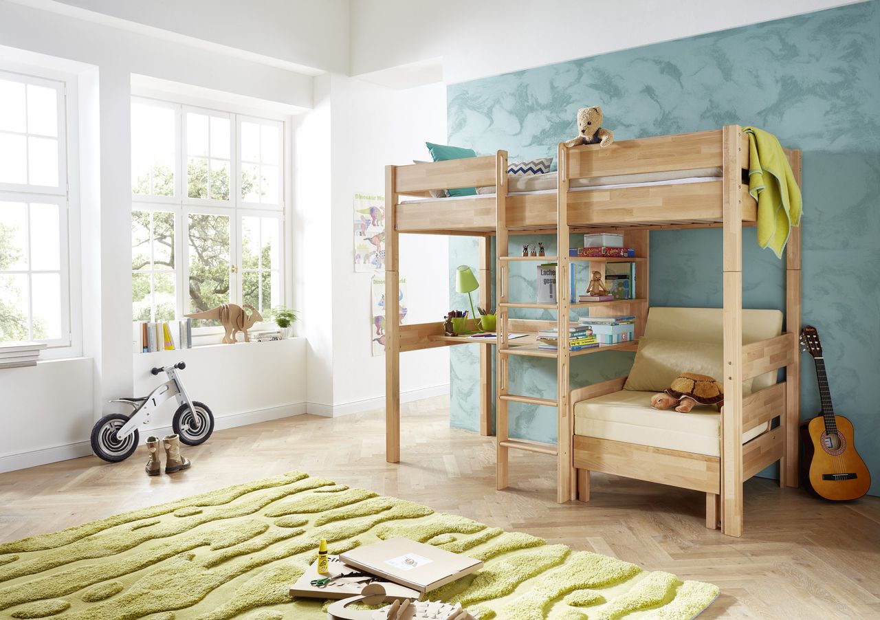 Relita Etagenbett NOEL inkl. Zusatz-Sessel mit Sitzkissen beige, Buche massiv natur lackiert