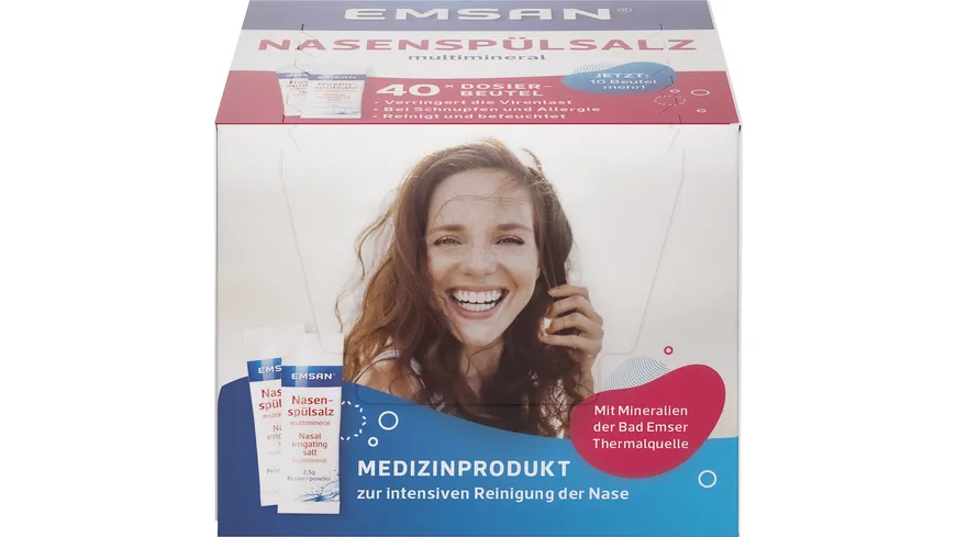 Emsan® Nasenspülsalz multimineral reinigt Ihre Nase auf gründliche und schonende Weise bei Schnupfen + Pollenallergie. 100 g