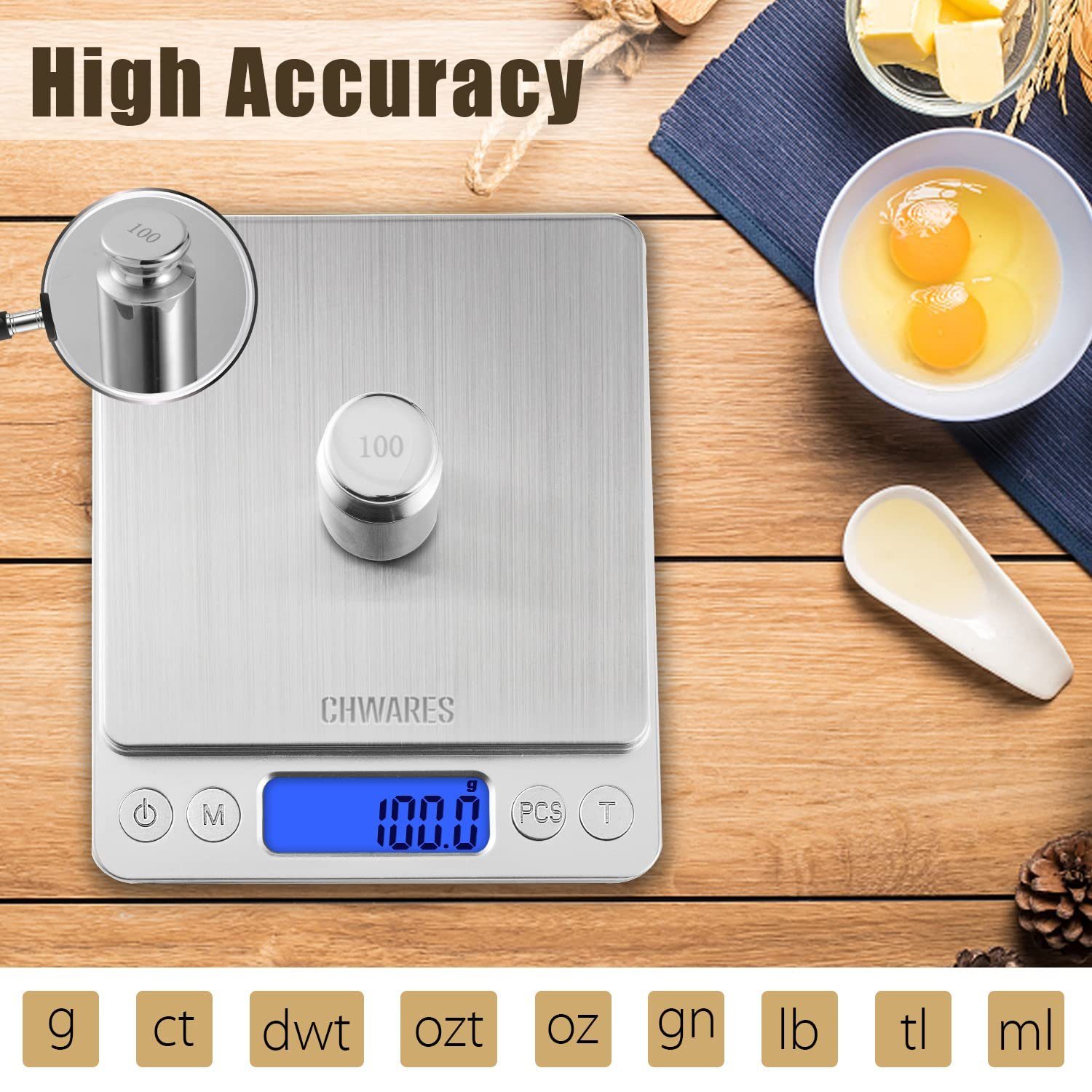 Tisoutec Küchenwaage Digitale Küchenwaage,USB-Aufladung,3 kg/0,1 g Mini-Lebensmittelwaage, (Elektrische Küchenwaage,Wasserdicht,Digital,Wiederaufladbar, LCD-Display,Edelstahl)