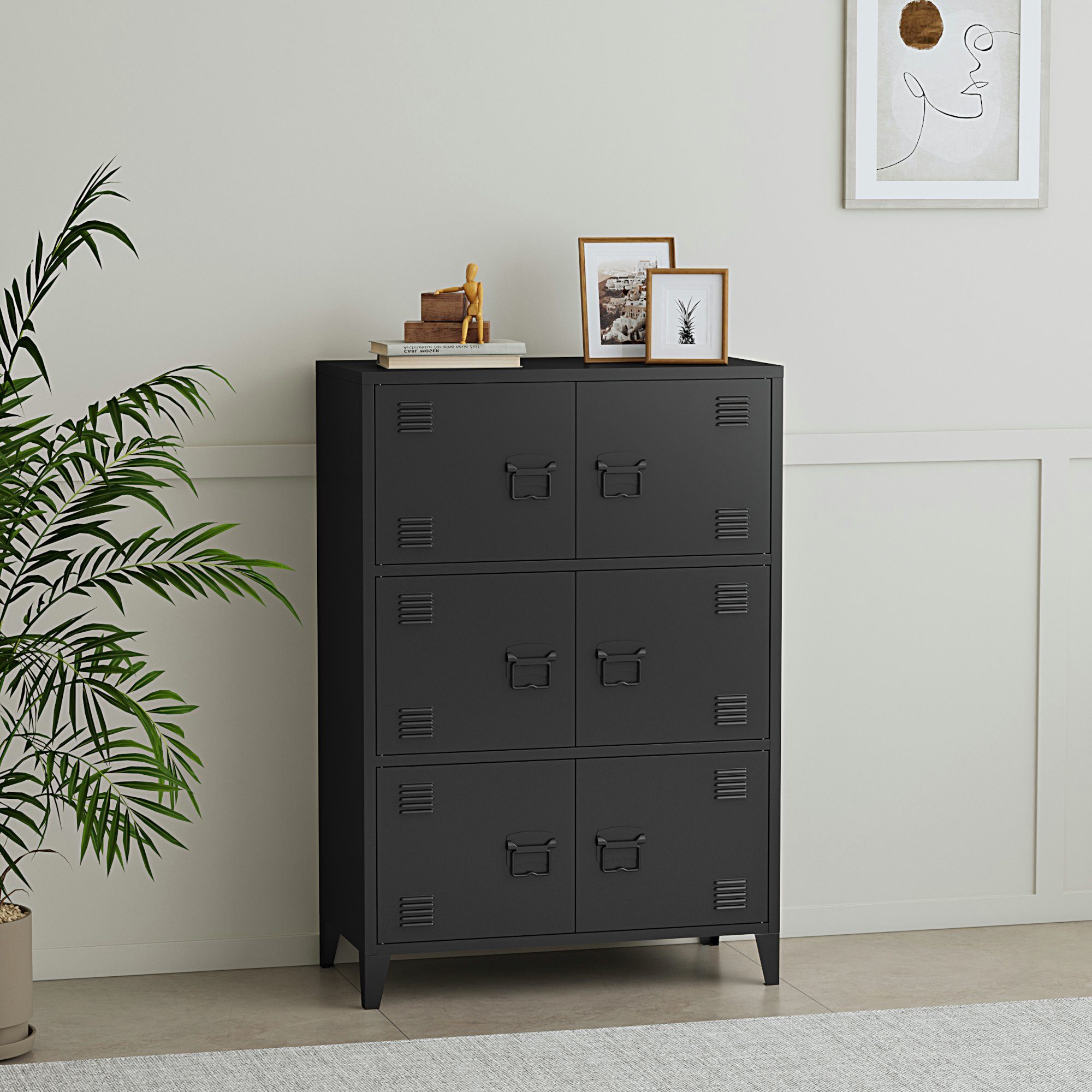 en.casa Mehrzweckschrank Hamina Büroschrank mit 6 Türen 80x140x113 cm Schwarz