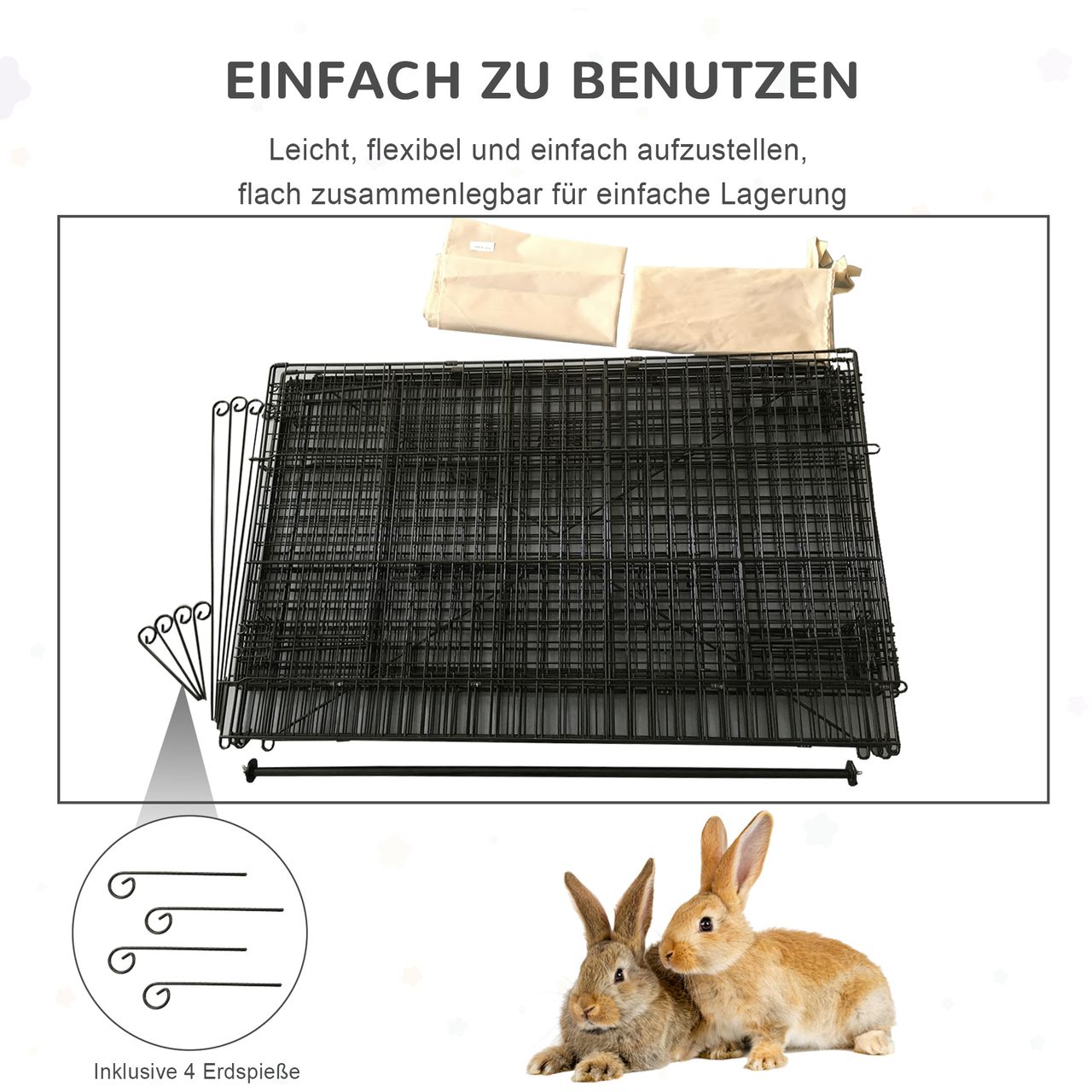 PawHut Freigehege Freilaufgehege Hasenkäfig mit Sonnenschutz Metall Beige Schwarz 220 x 103 x 103 cm