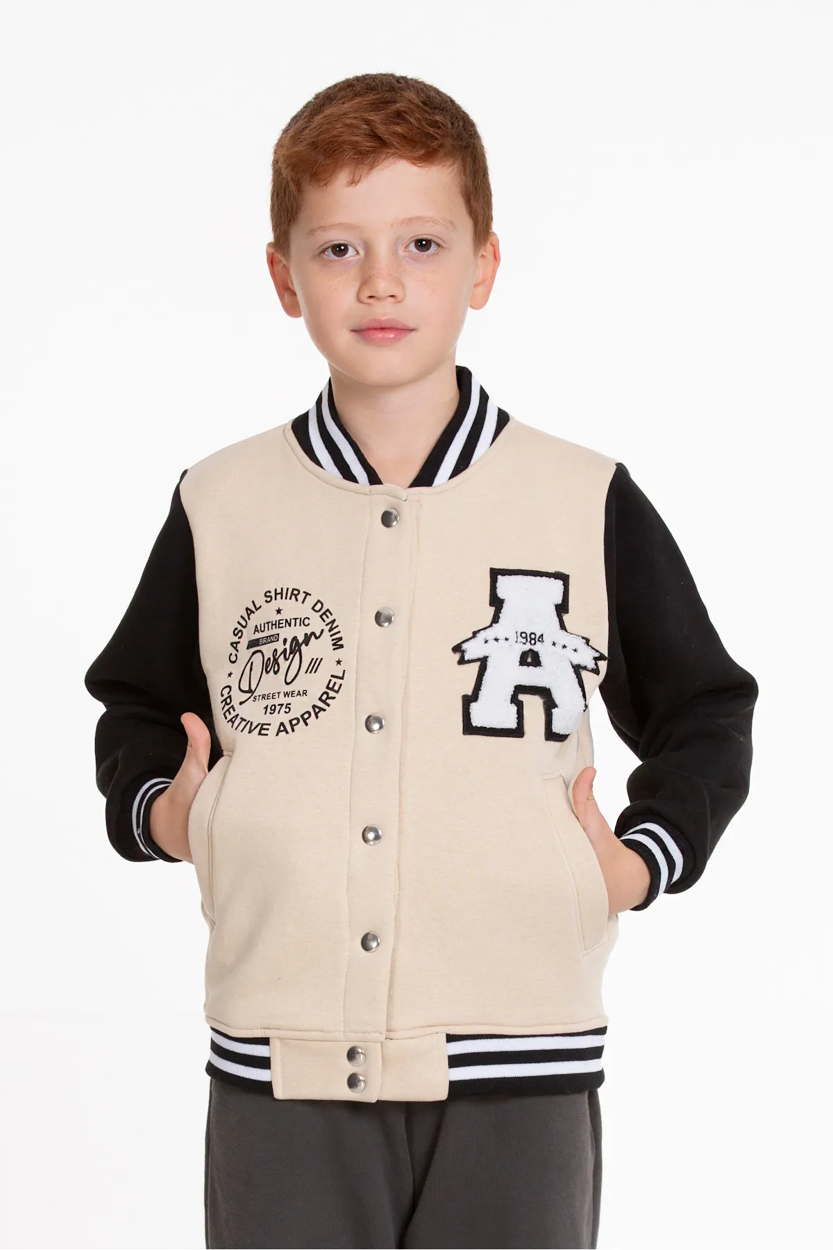 AHENGİM  Jungen-College-Jacke, groß, bedruckte Bomberjacke mit geknöpftem Druckknopfverschluss, Ak2513110