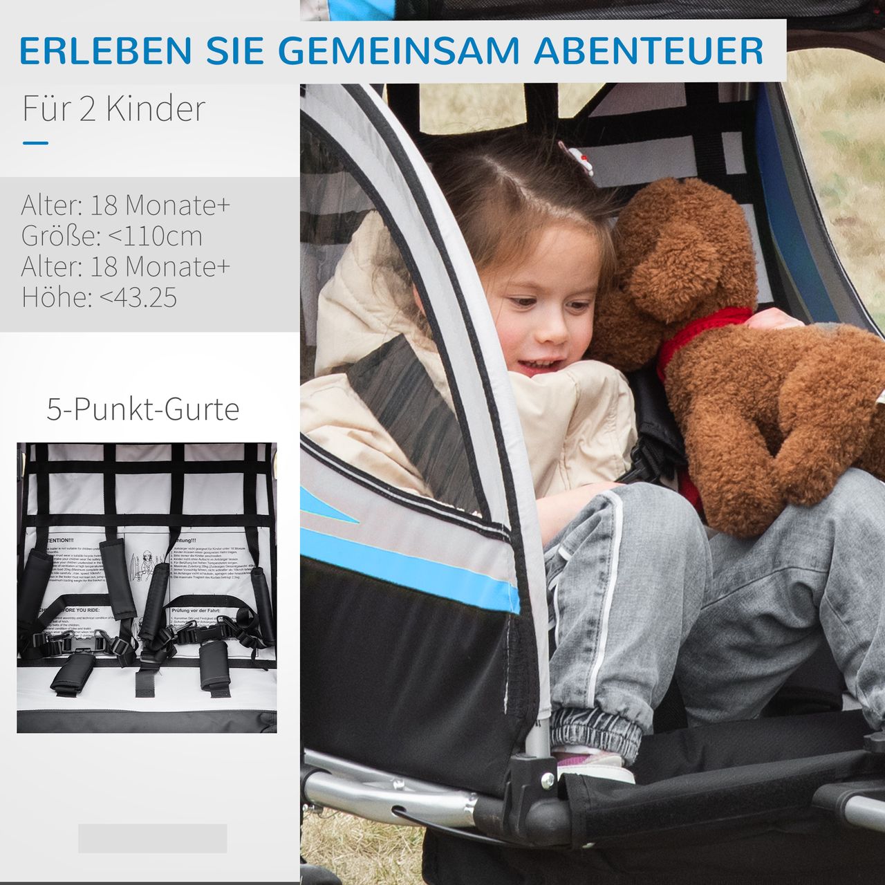 HOMCOM 2 in 1 Kinderfahrradanhänger, Kinderanhänger mit Federung, Blau Schwarz