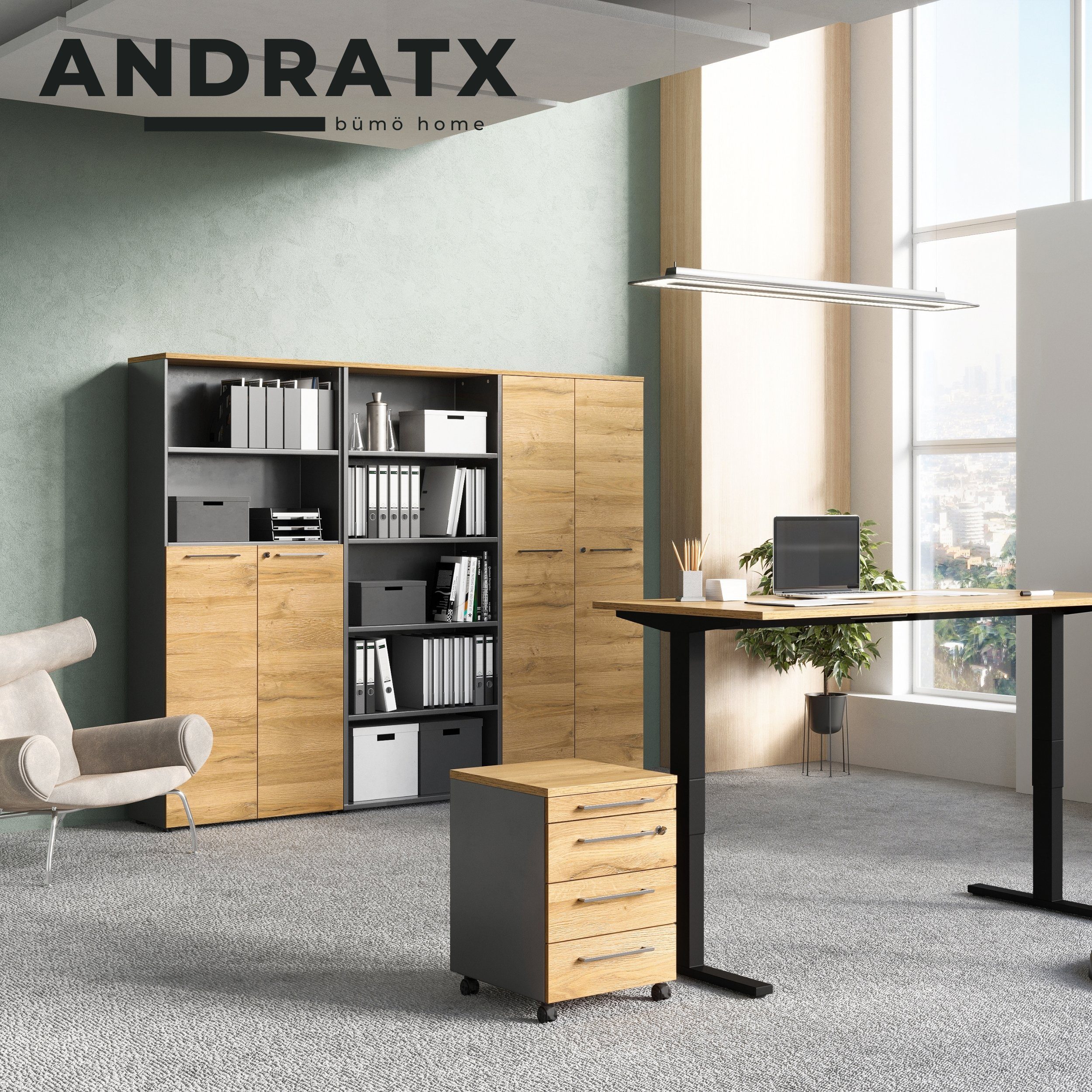 bümö Aktenregal Andratx, Regalschrank mit Flügeltüren - 5 Ordnerhöhen, Dekor: Lichtgrau