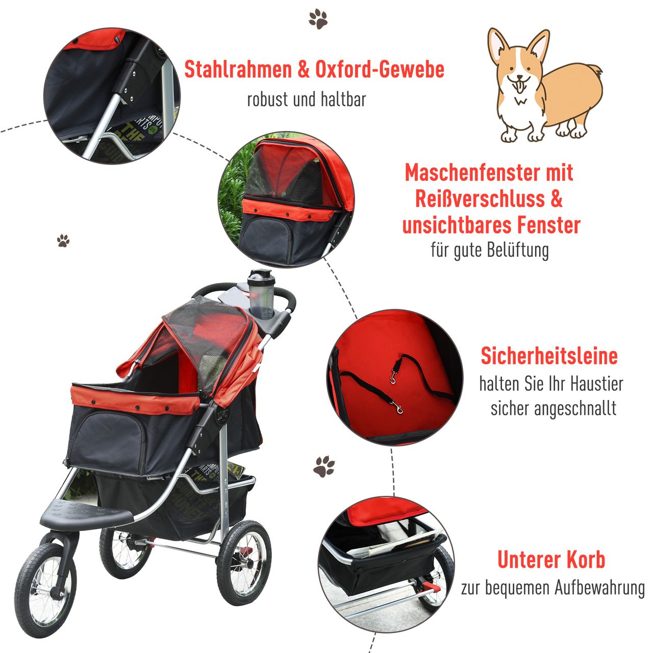 PawHut Hundewagen Hundebuggy Katzen Pet Stroller mit 3 Rädern klappbar Rot