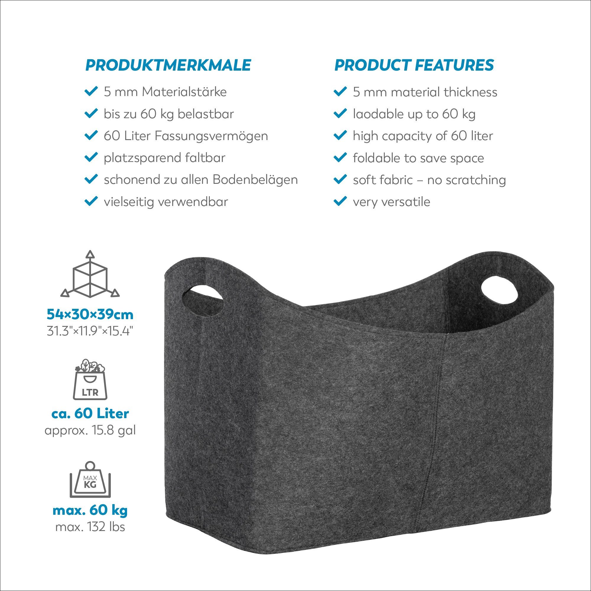 RUBBERNECK Kaminholzkorb Filztasche XL für Holz, Zeitungen, Kaminholz - Filztasche 54x30x39 cm