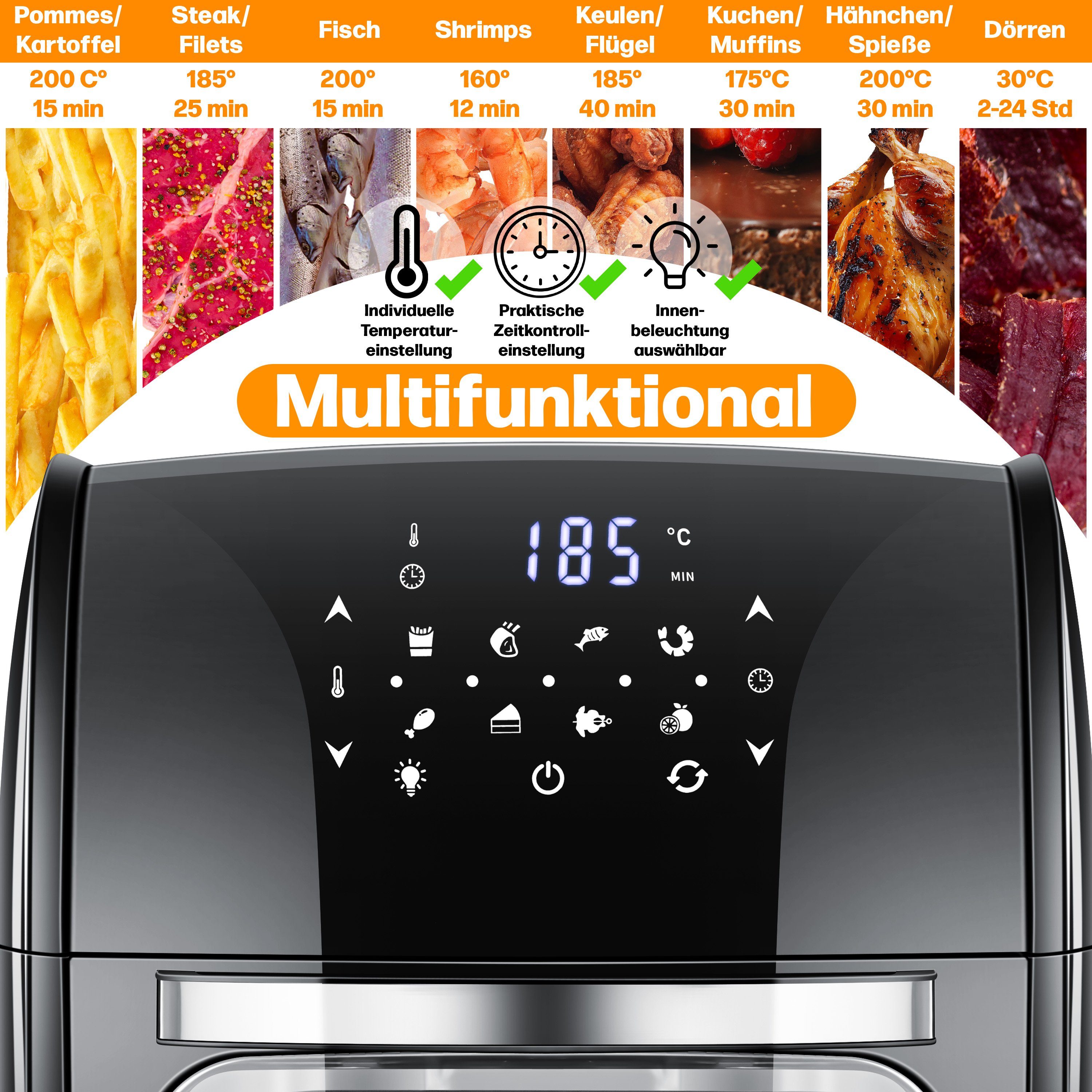 KESSER Heißluftfritteuse, 1800 W, XXL Airfryer 9in1 Heißluftfritteuse Fritteuse Drehgrill
