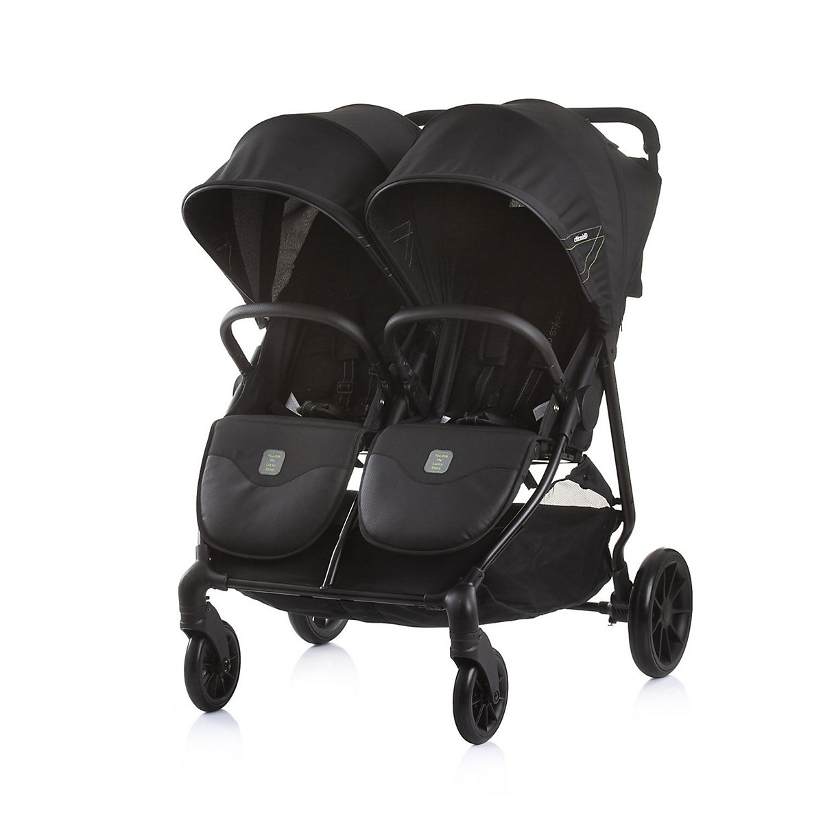 Zwillingskinderwagen Top Stars, 77 cm breit, Wickeltasche, Fußsack Geschwisterwagen