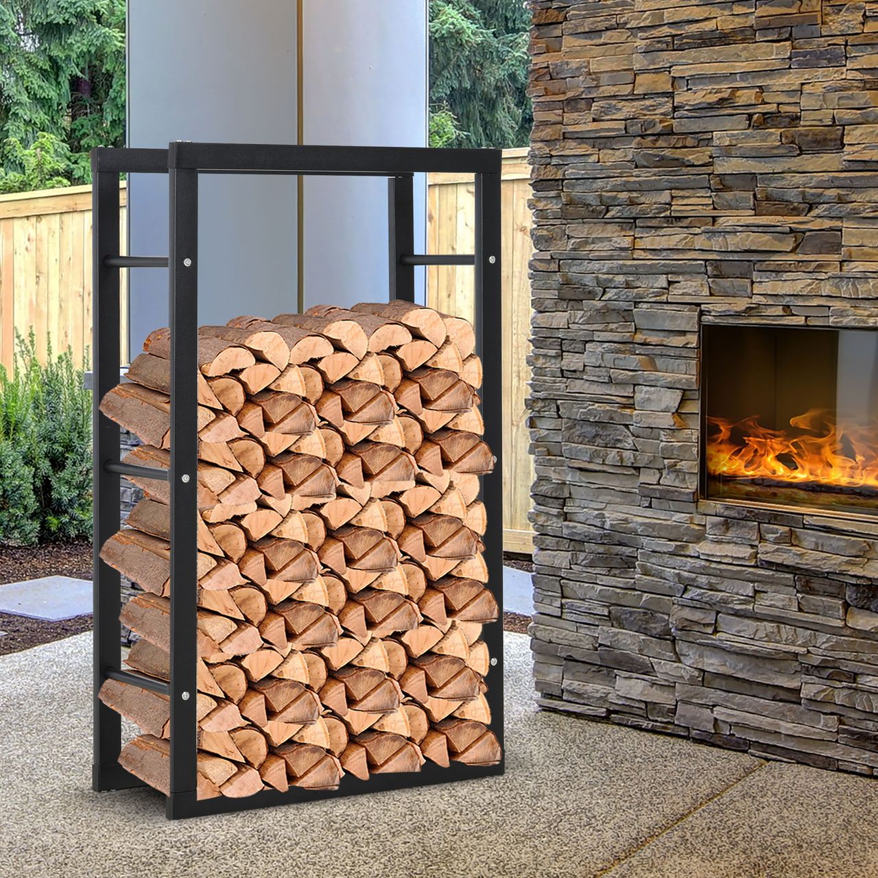 Outsunny HOMCOM Kaminholzständer Kaminholzablage Feuerholzregal Kaminholzhalter 100kg Stahl Schwarz L60 x B25 x H100 cm