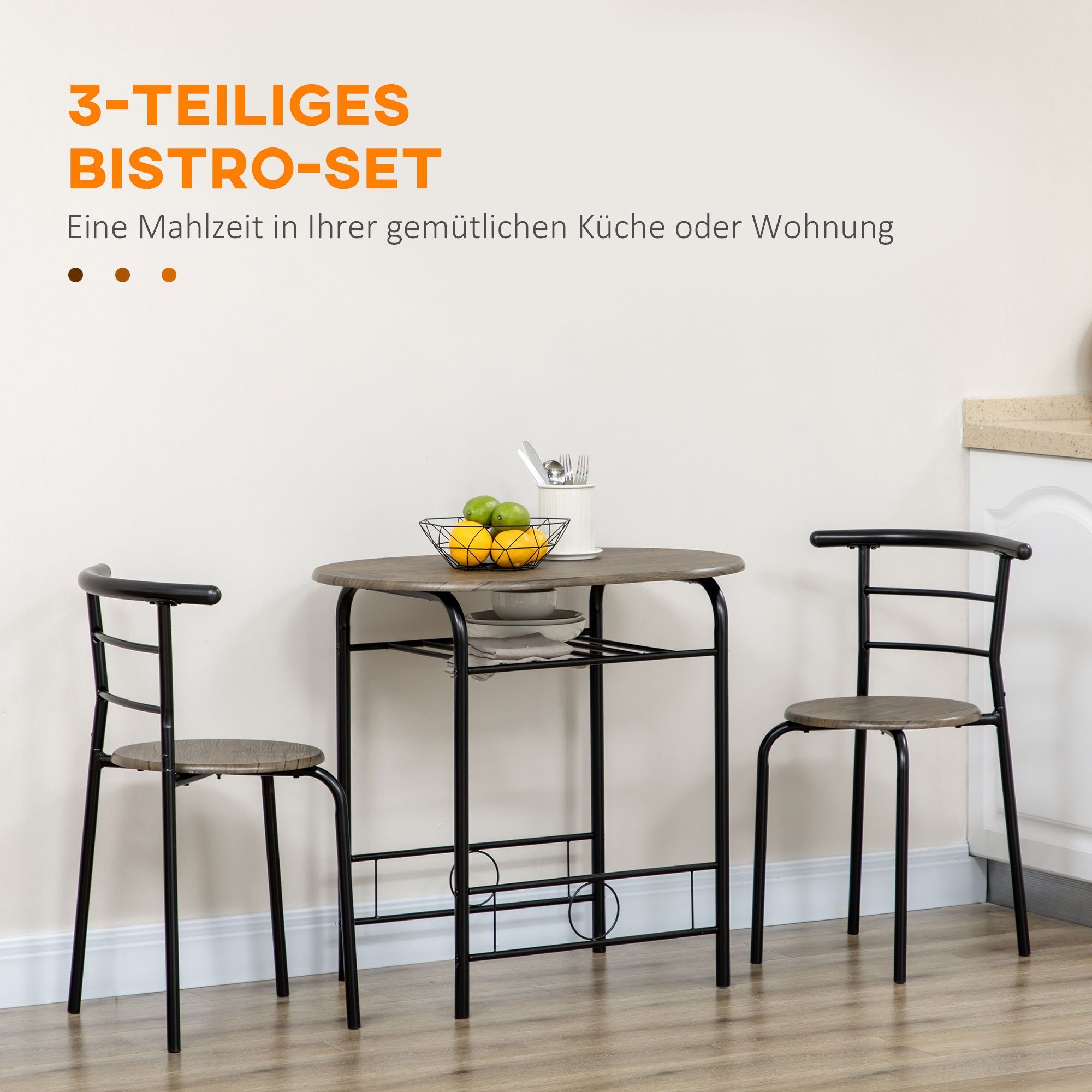 HOMCOM Essgruppe Bistro-Set 3-teilig, 80 cm x 53 cm x 74,5 cm, (Set, 3-tlg., 1 Tisch; 2 Stühle), Tisch mit 2 Stühlen