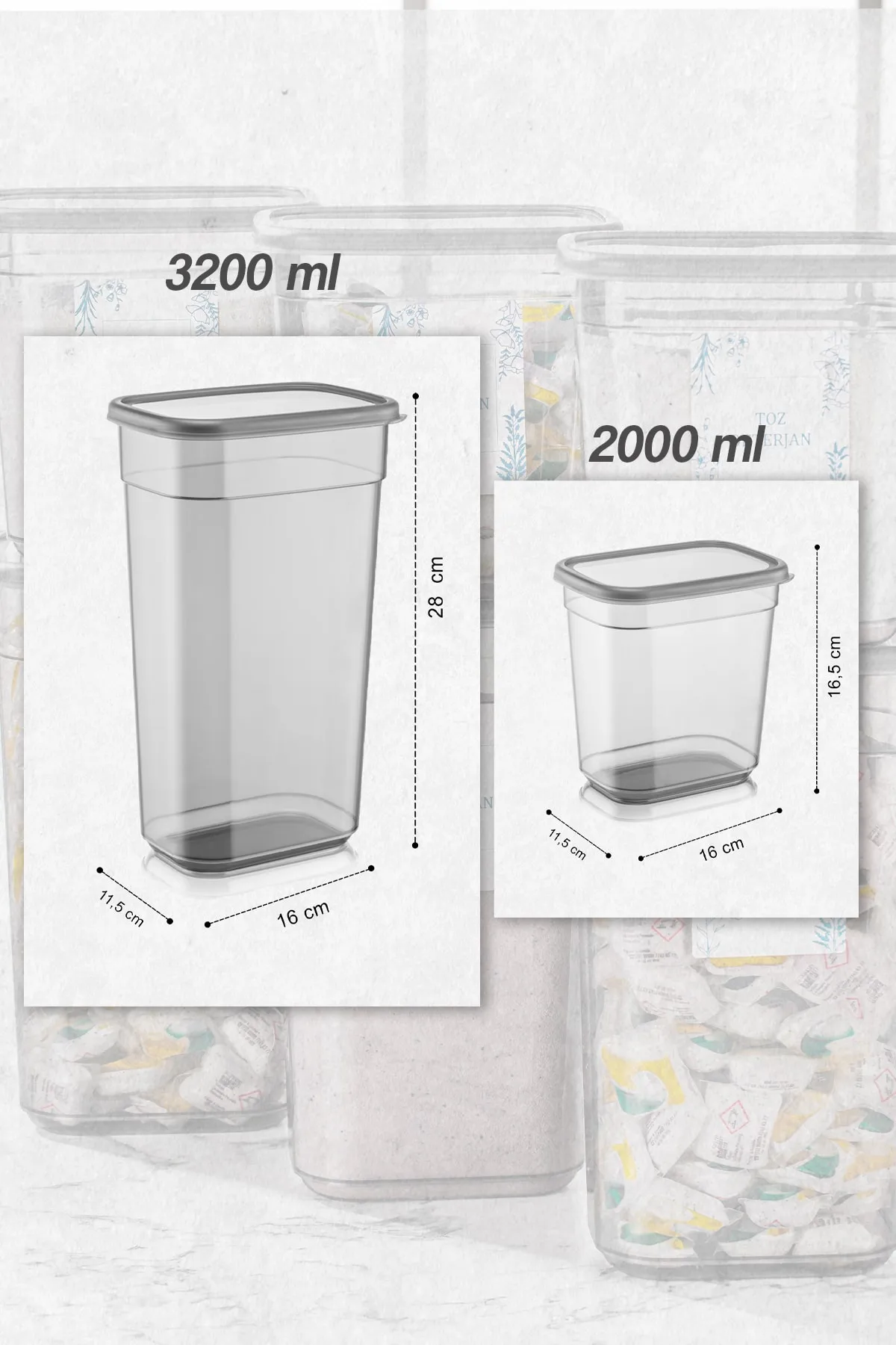 Meleni Home  4 beschriftete Elina Tablet-Reinigungsmittel-Aufbewahrungsbox – rechteckiger Aufbewahrungsbehälter 2 x (2 LT – 3,2 LT)