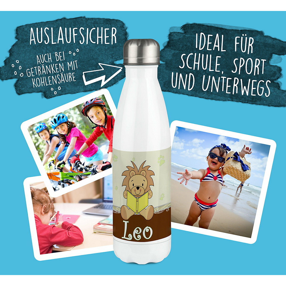 Edelstahl Kinder Thermoflasche / Trinkflasche bunt Leselöwe Farbe braun Spülmaschinenfest, Auslaufsicher, Bruchfest, Doppelwandig, Für Heißgetränke geeignet, Mit Deckel, Isoliert