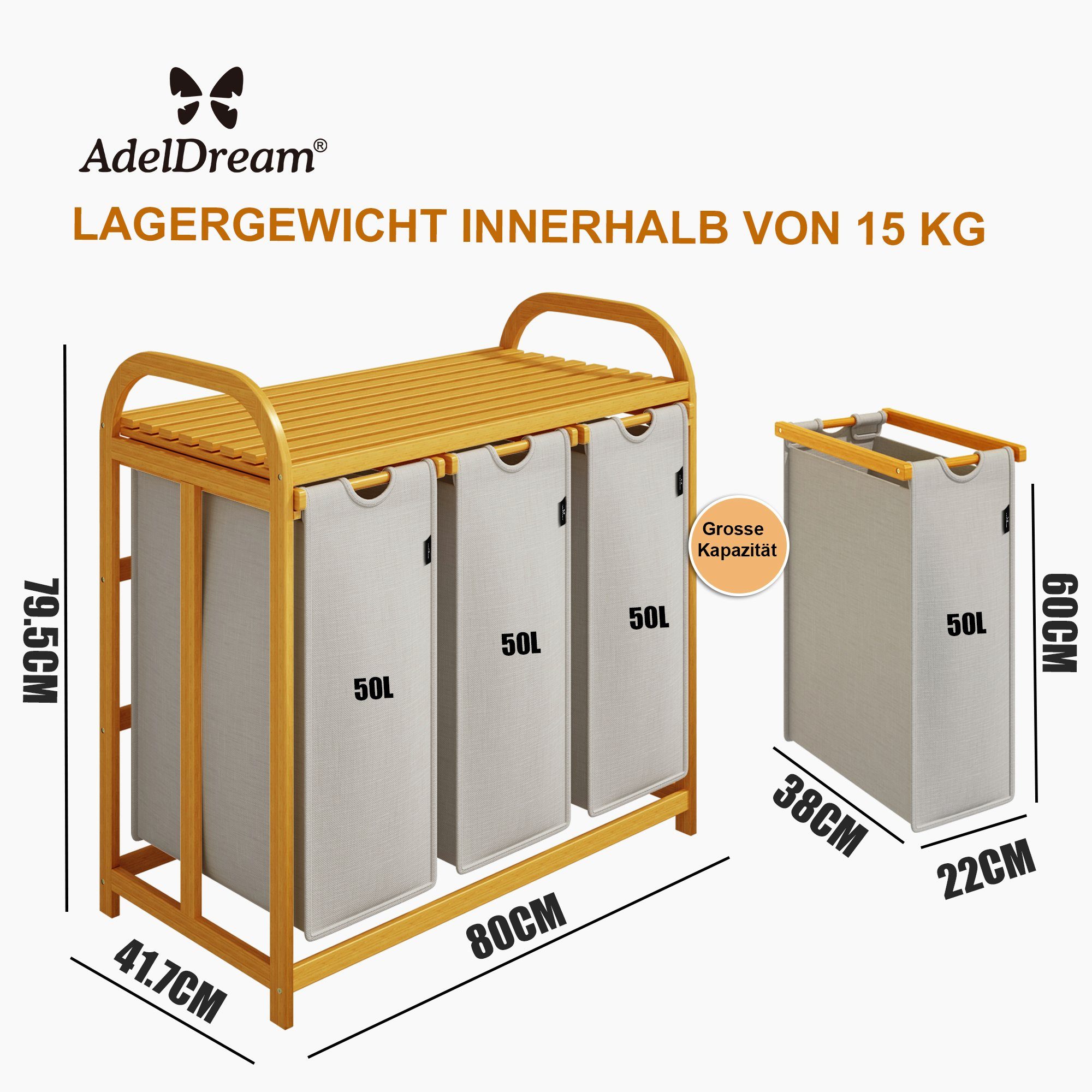 AdelDream Wäschekorb Wäschekörbe mit Bambusrahmen, 150 l, 3 Fächer