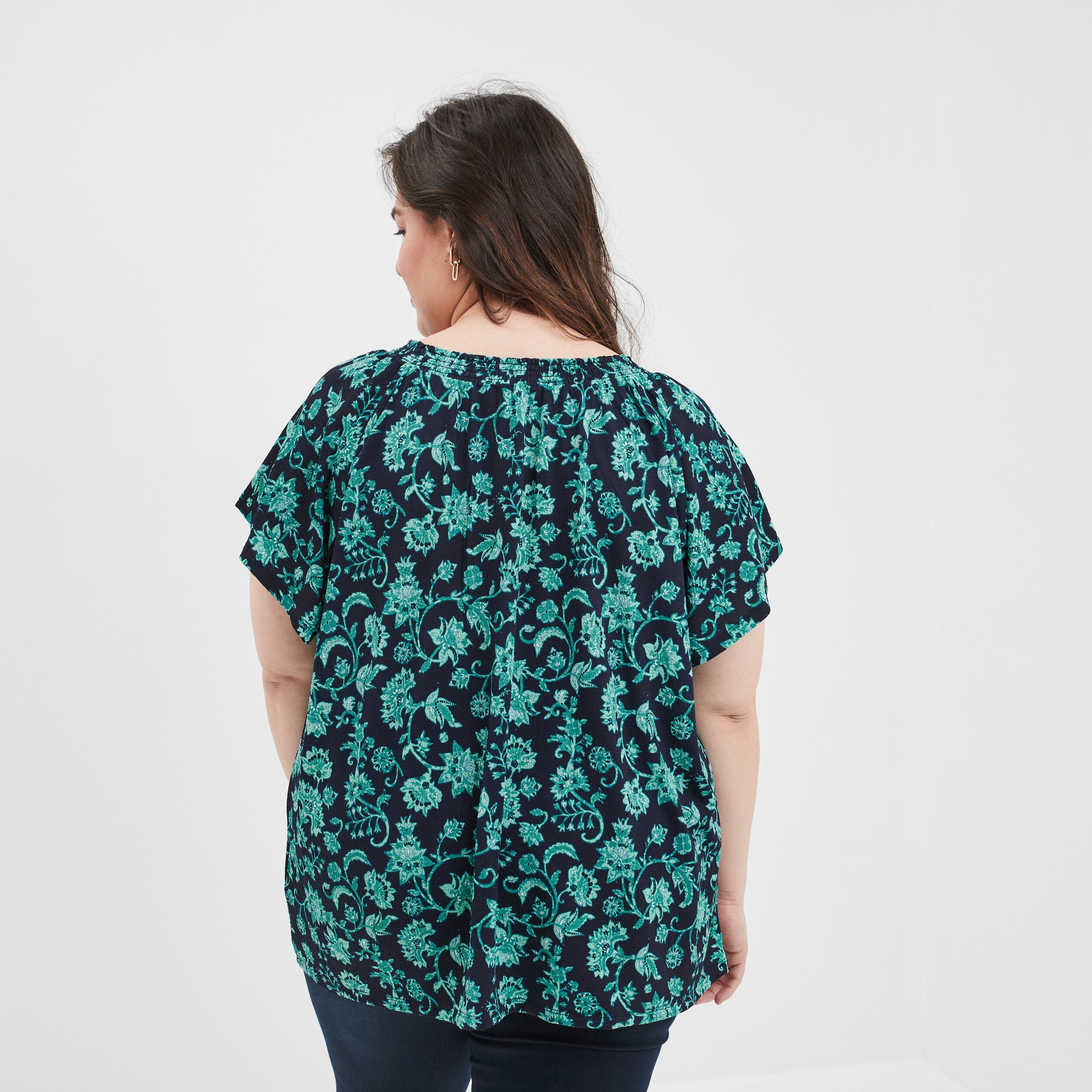 T-shirt col smocké manches courtes bleu marine femme grande taille | La Halle