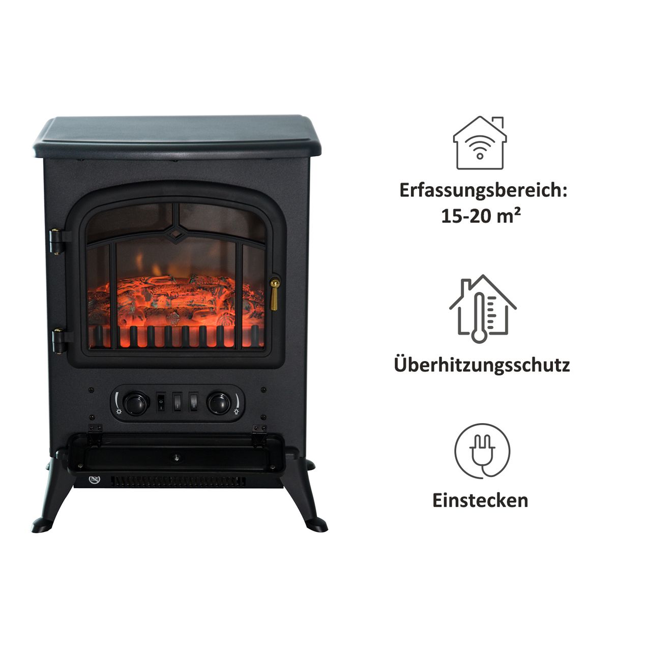 HOMCOM Elektrokamin Kaminofen Überhitzungs-Schutz Schwarz 45x28x54 cm