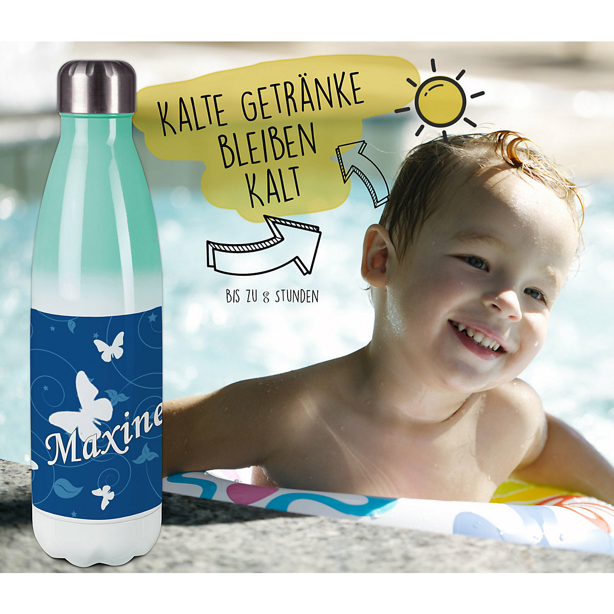 Edelstahl Kinder Thermoflasche / Trinkflasche bunt Schmetterling Ornamente Farbe blau Spülmaschinenfest, Auslaufsicher, Bruchfest, Doppelwandig, Für Heißgetränke geeignet, Mit Deckel, Isoliert