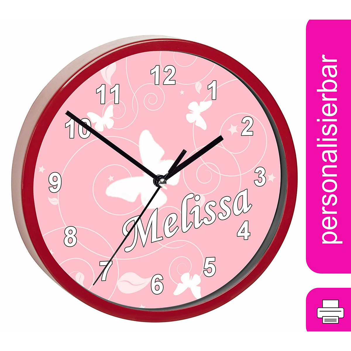Kinder Wanduhr laufruhig personalisiert mit Name Schmetterling Altrosa