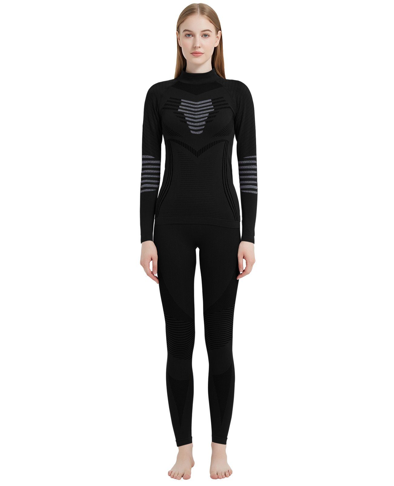 MEETYOO Thermounterhemd Damen Fleece Funktionsunterwäsche Set (Funktionsunterwäsche Skiunterwäsche Set, Lange Thermohemd Unterhose) Lange Unterhosen Kompressionsanzug S-XL