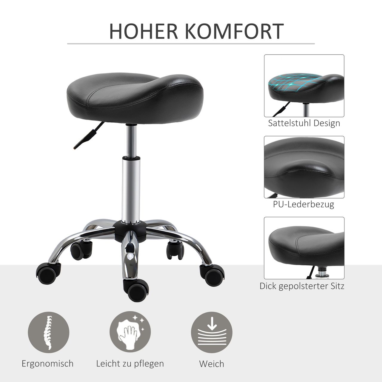 HOMCOM Rollhocker Höhenverstellbar Arbeitshocker mit Rädern für Massage Schwarz