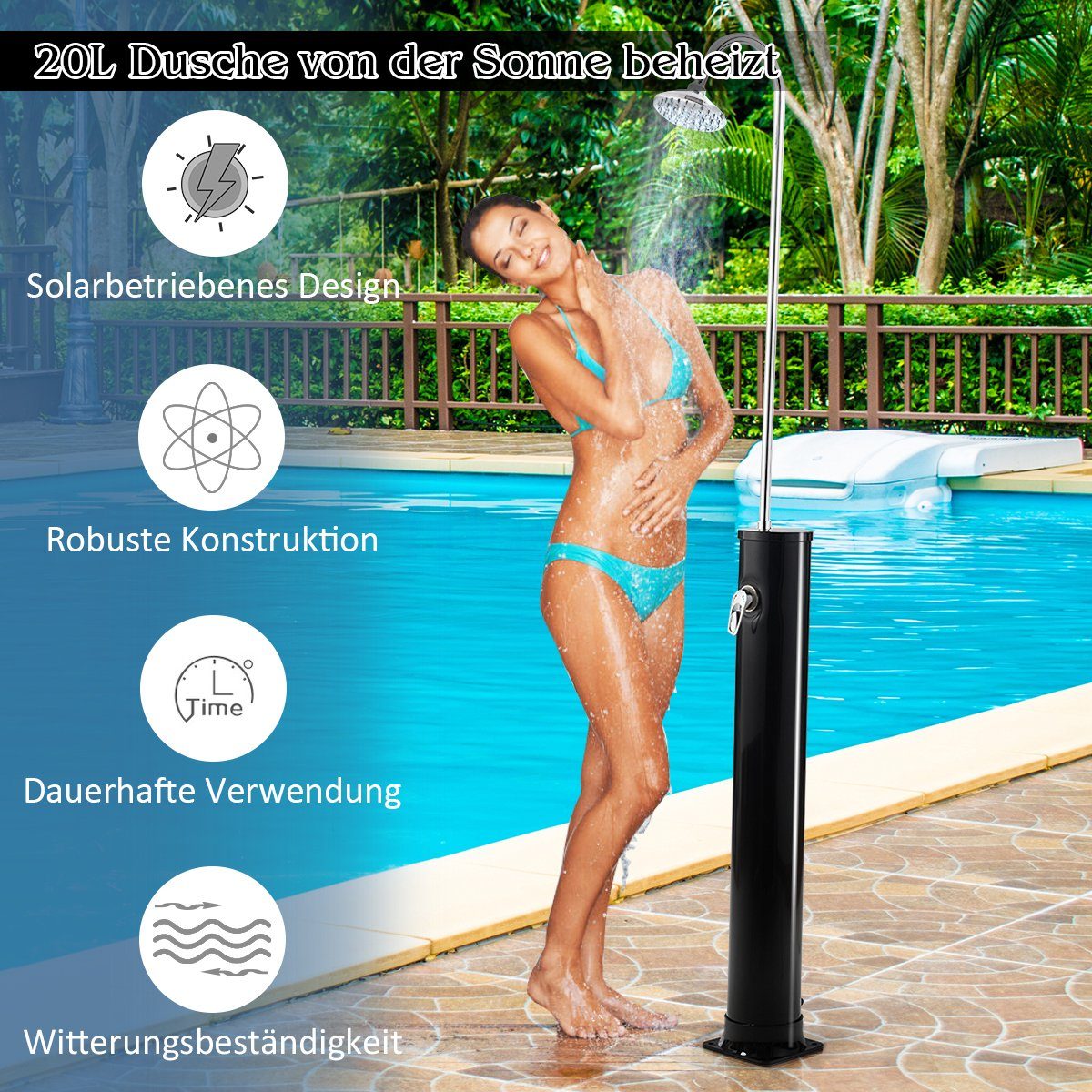 COSTWAY Solardusche, 2 Wasserhähne, 3,5bar, bis zu 60°C, 213cm Höhe