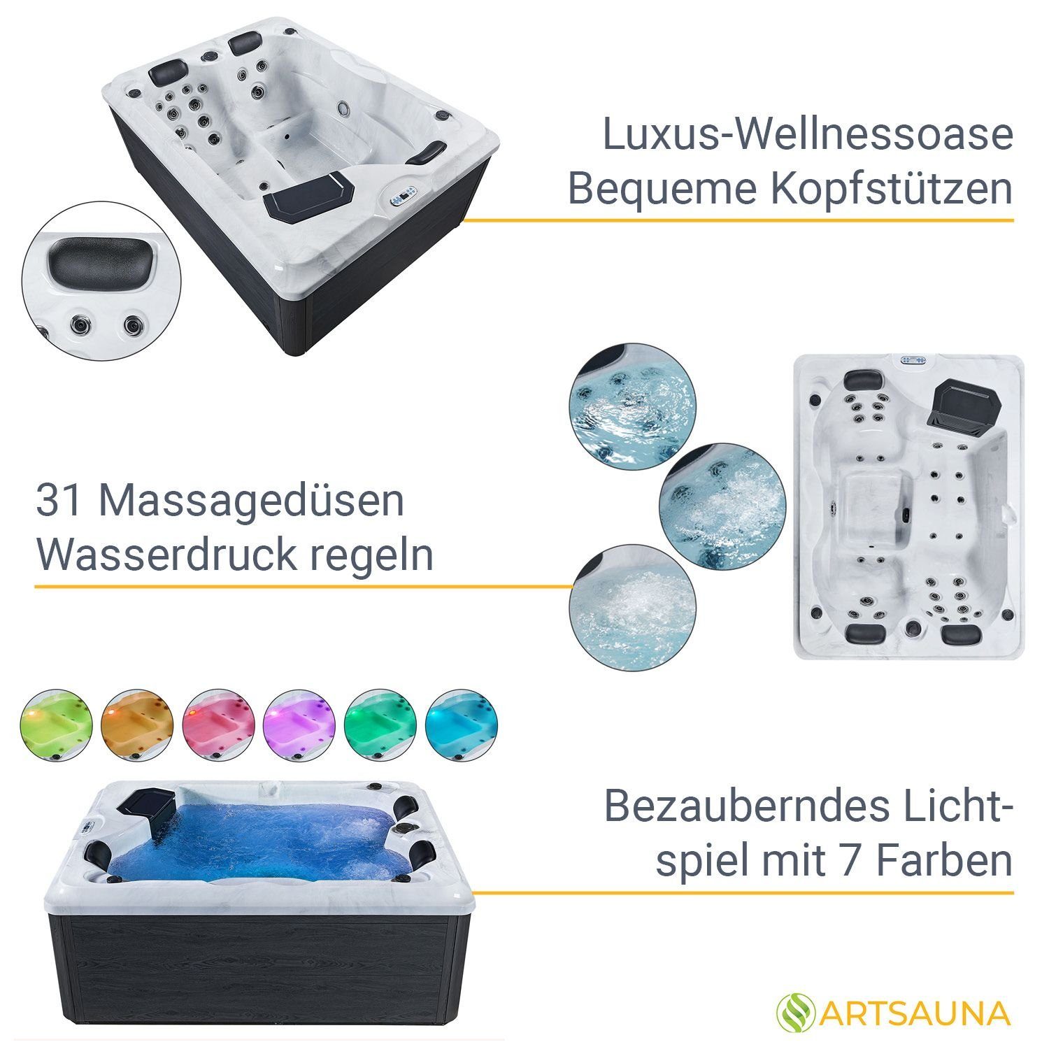 Artsauna Whirlpool Oasis mit Treppe, (Spa mit Massagedüsen, LED-Beleuchtung, inkl. Abdeckung)