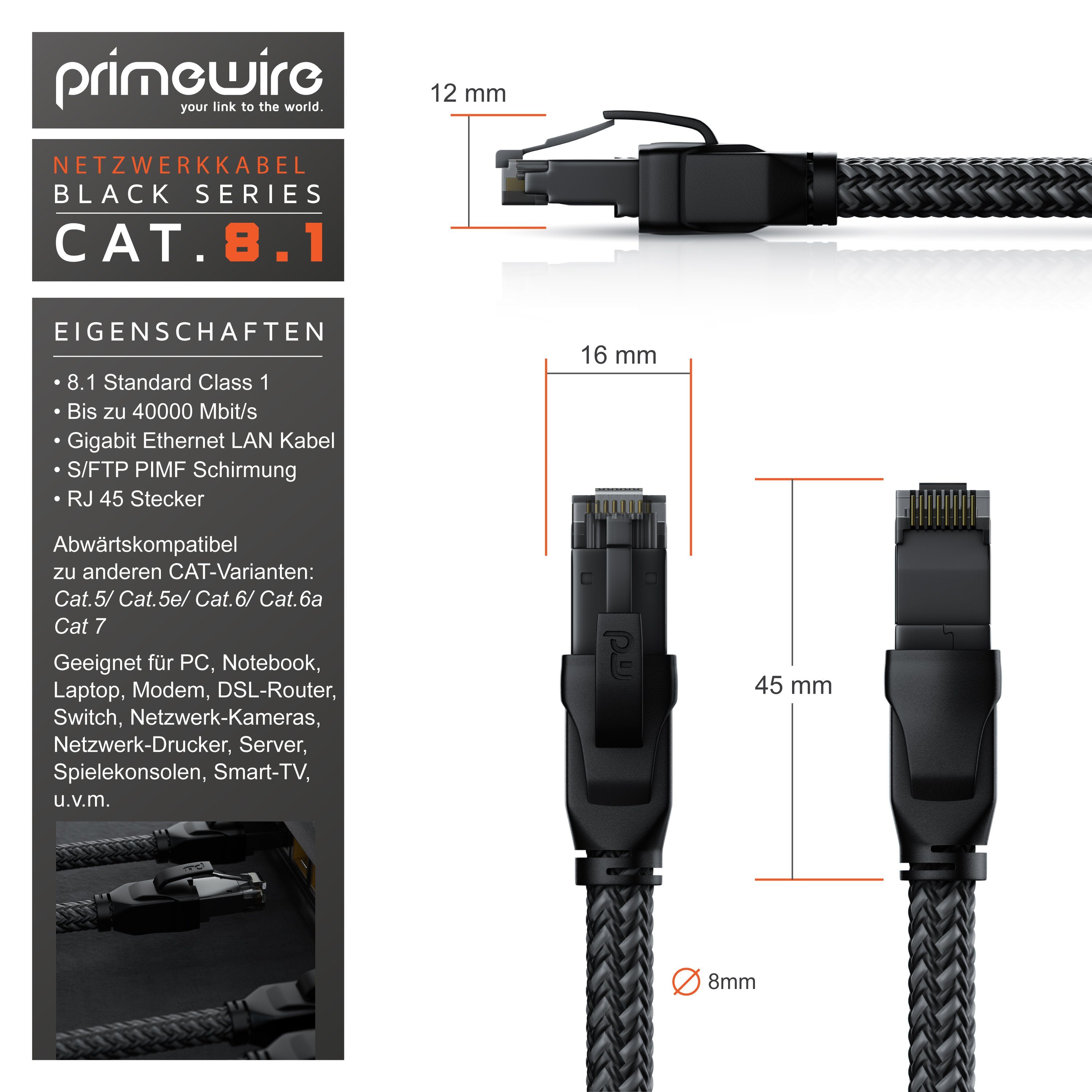 Primewire LAN-Kabel, CAT.8, RJ-45 (Ethernet) (100 cm), Patchkabel CAT 8, Netzwerkkabel Gigabit Ethernet 40 Gbit/s S/FTP, 1m