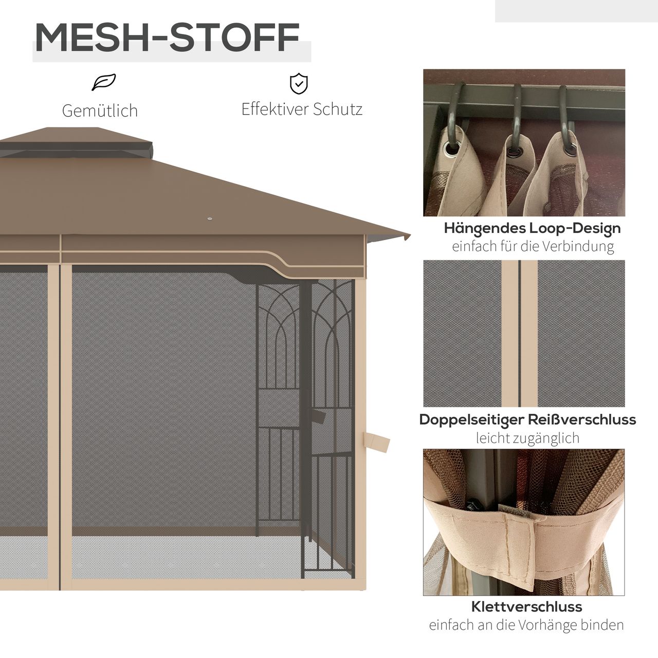 Outsunny Pavillon Gartenpavillon 3,65 x 3 m Gartenzelt Festzelt Partyzelt mit 4 x Moskitonetz atmungsaktivem Doppeldach Metall Polyester Braun Beige