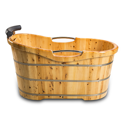 PureHaven freistehende Holzbadewanne 135x67 cm aus Zedernholz 120 L ergonomische Formgebung pflegeleichte Oberfläche verstärkter Rahmen inkl. Ablauf