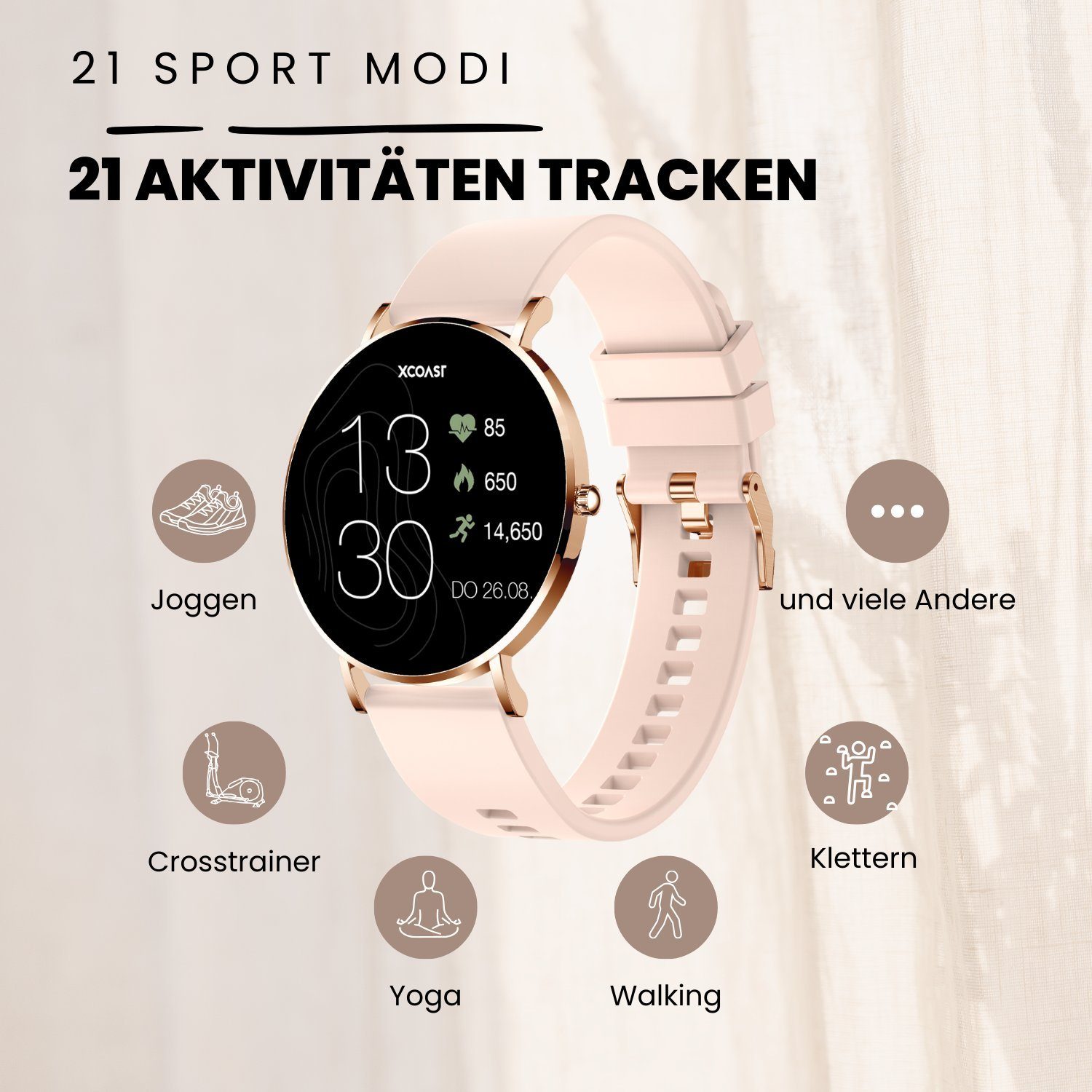 XCOAST SIONA 2 Damen Smartwatch (4,2 cm/1,3 Zoll, iOS Android) ROSE GOLD, Damen Fitness Tracker, neueste Generation, Blutsauerstoffmesser, Wasserdicht, Ultra flach, Puls, Blutdruck, brillante Farben, AMOLED