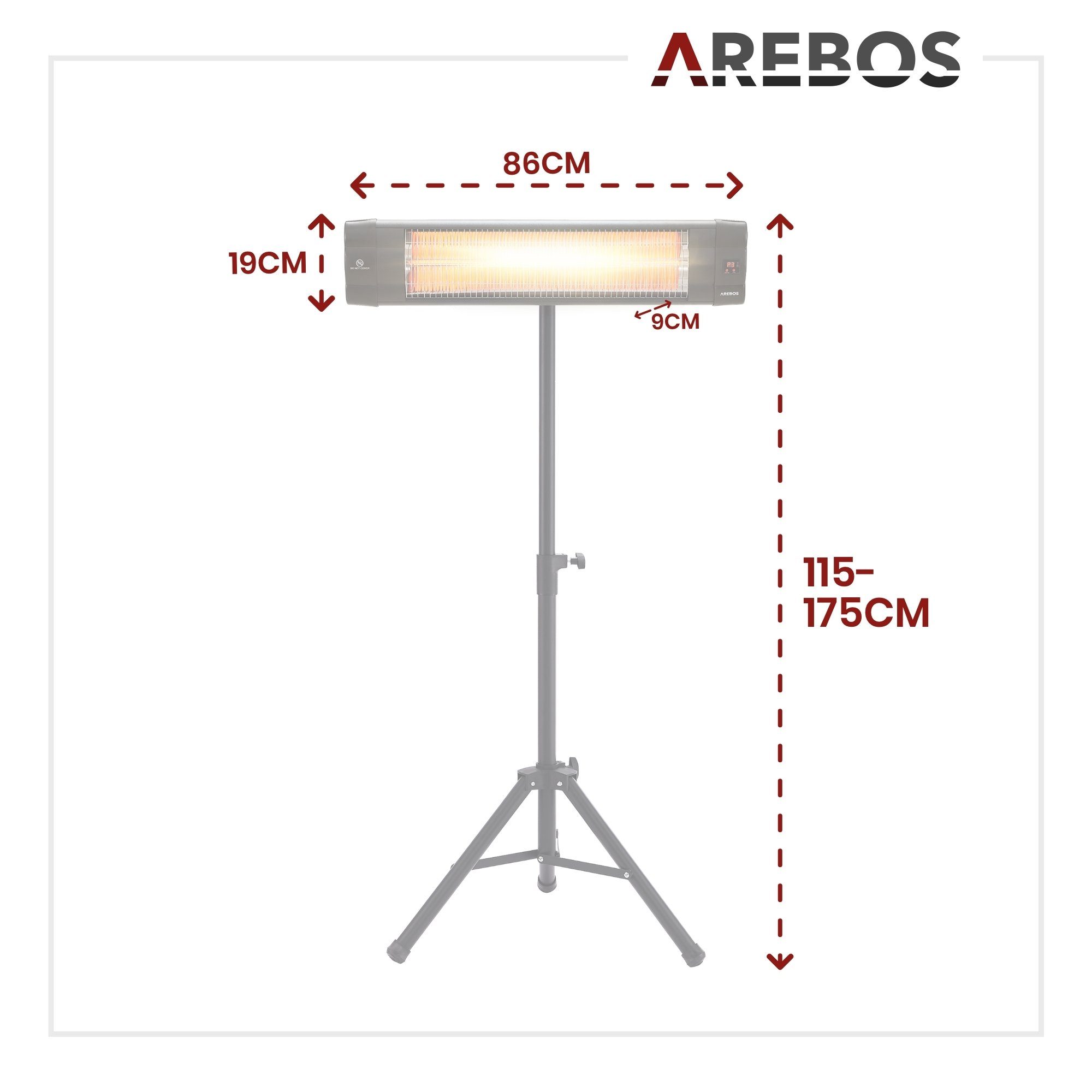 Arebos Heizstrahler Infrarot Heizstrahler 2500 W mit Fernbedienung, mit Stativ, IP20 Schutzklasse