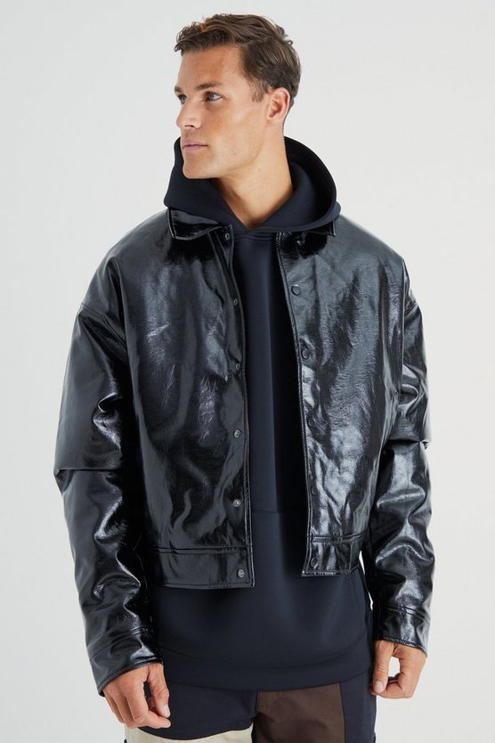 Tall kastige hochglänzende PU Harrington-Jacke