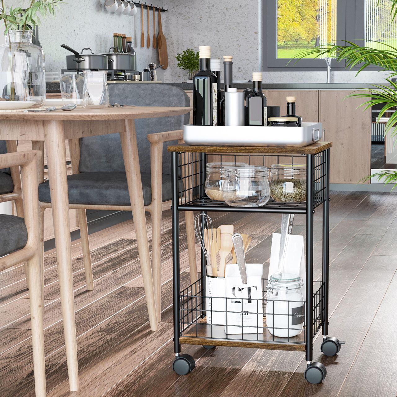 HOMCOM Küchenwagen Servierwagen mit Arbeitsplatte und 2 Aufbewahrungskörben Beistellwagen mit 360°-Lenkrollen Küchentrolley Aufbewahrungswagen Spanplatte Rustikal-Braun 40 x 30 x 62 cm