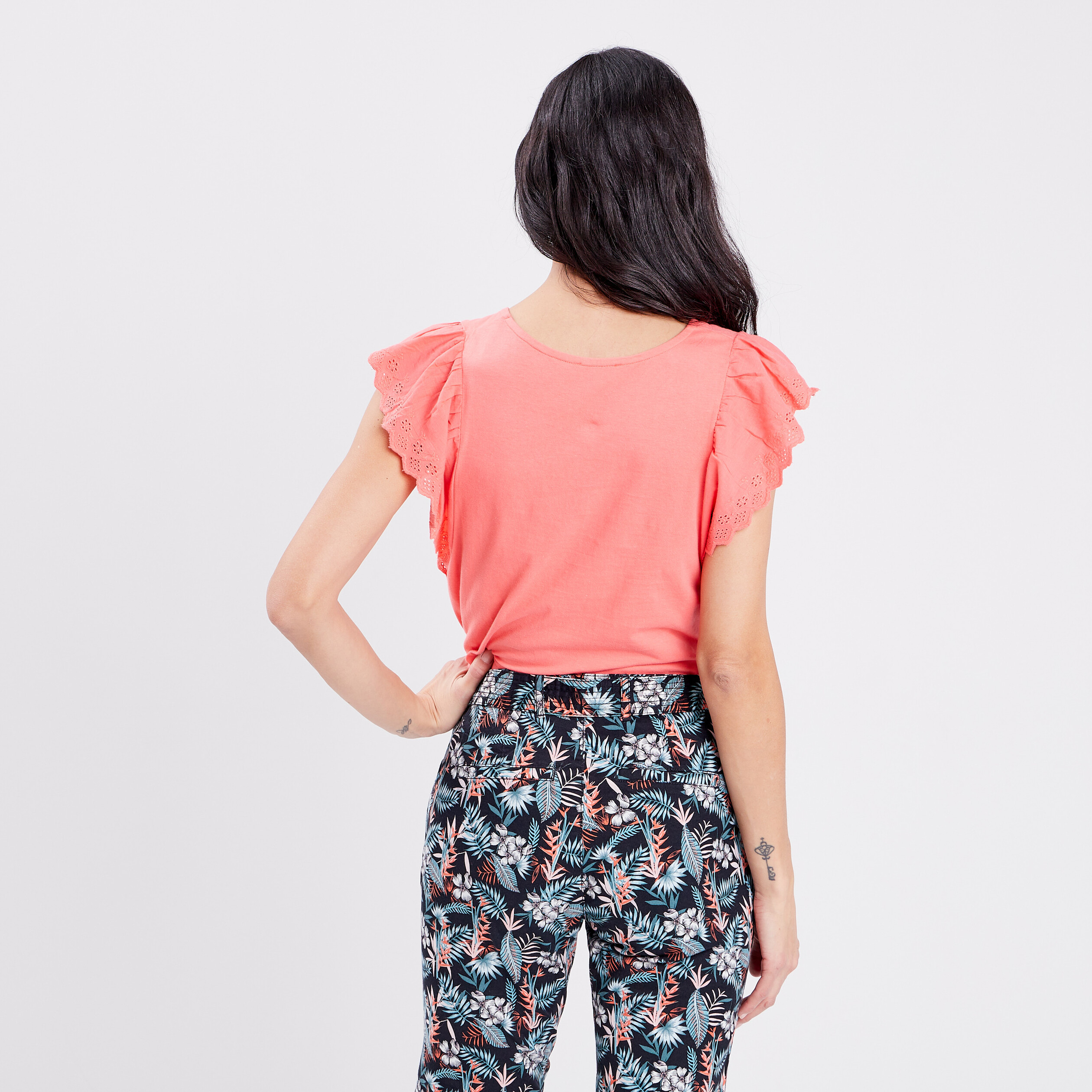 T-shirt manches courtes volantées rose corail femme | La Halle