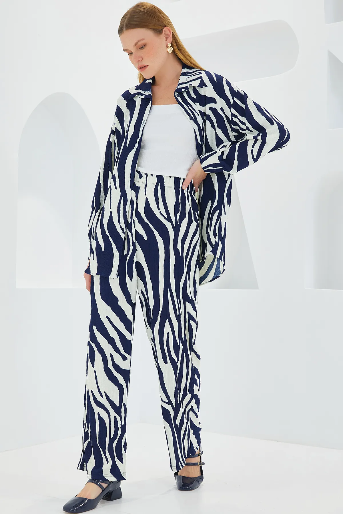 Bigdart  Gemusterter marineblau-weißer Strick-Doppelanzug für Damen 5858