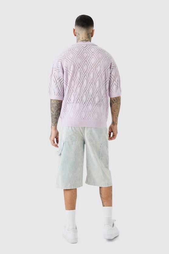 Tall kurzärmliges kastiges Strick-Poloshirt in Ecru