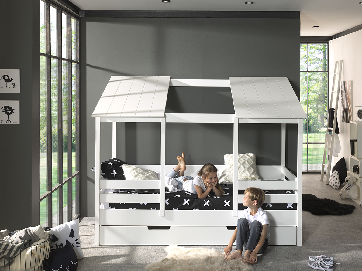 VIPACK Hausbett mit 90 x 200 cm Liegefläche und Bettschublade, offenes Dach Weiß lackiert