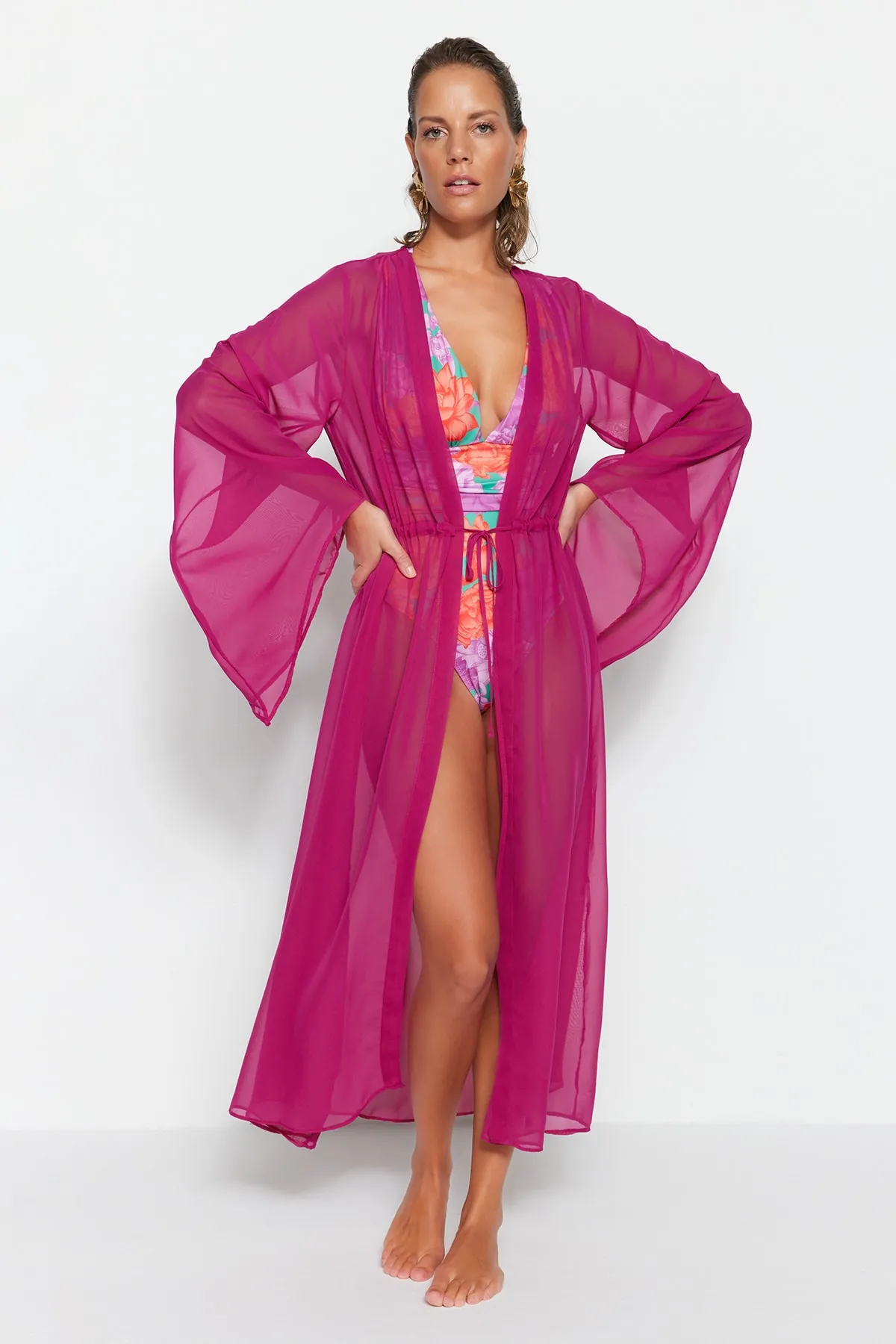 Trendyol Collection  Fuchsiafarbener gewebter Maxi-Kimono und Kaftan mit Gürtel TBESS23KM00029