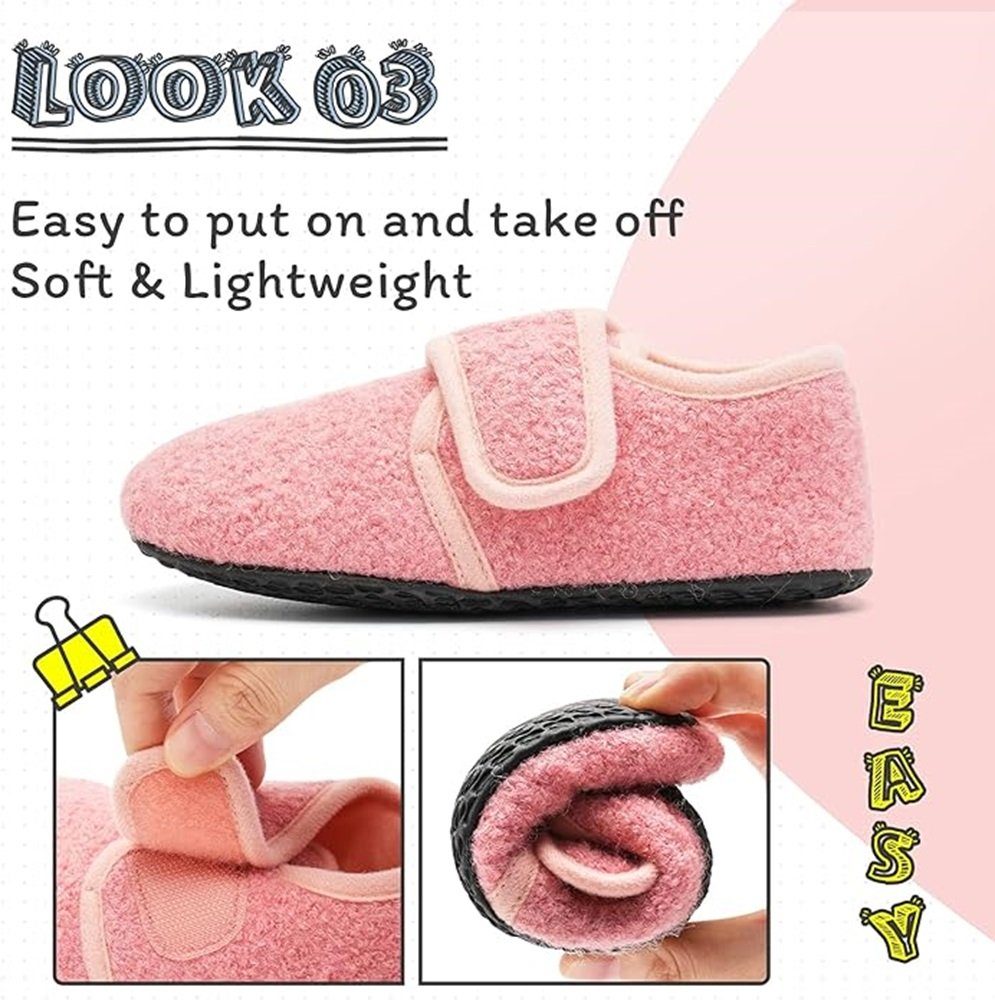 IceUnicorn Kinder-Hausschuhe - Wärmende, rutschfeste Slipper, Klettverschluss Hausschuh (1Paar Kinderhauschuhe, herausnehmbare waschbare Innensohle, rutschhemmende Sohle) Rutschfeste Gummisohle für sicheren Halt