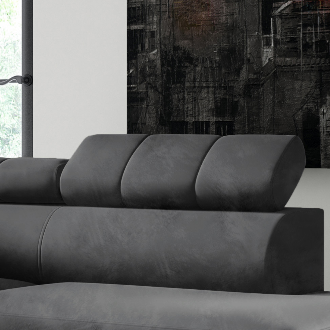 Möbel Punkt Wohnlandschaft Ecksofa Livorno Samt Grau Anthrazit mit Bettkasten Kopfteilverstellung Ottomane rechts