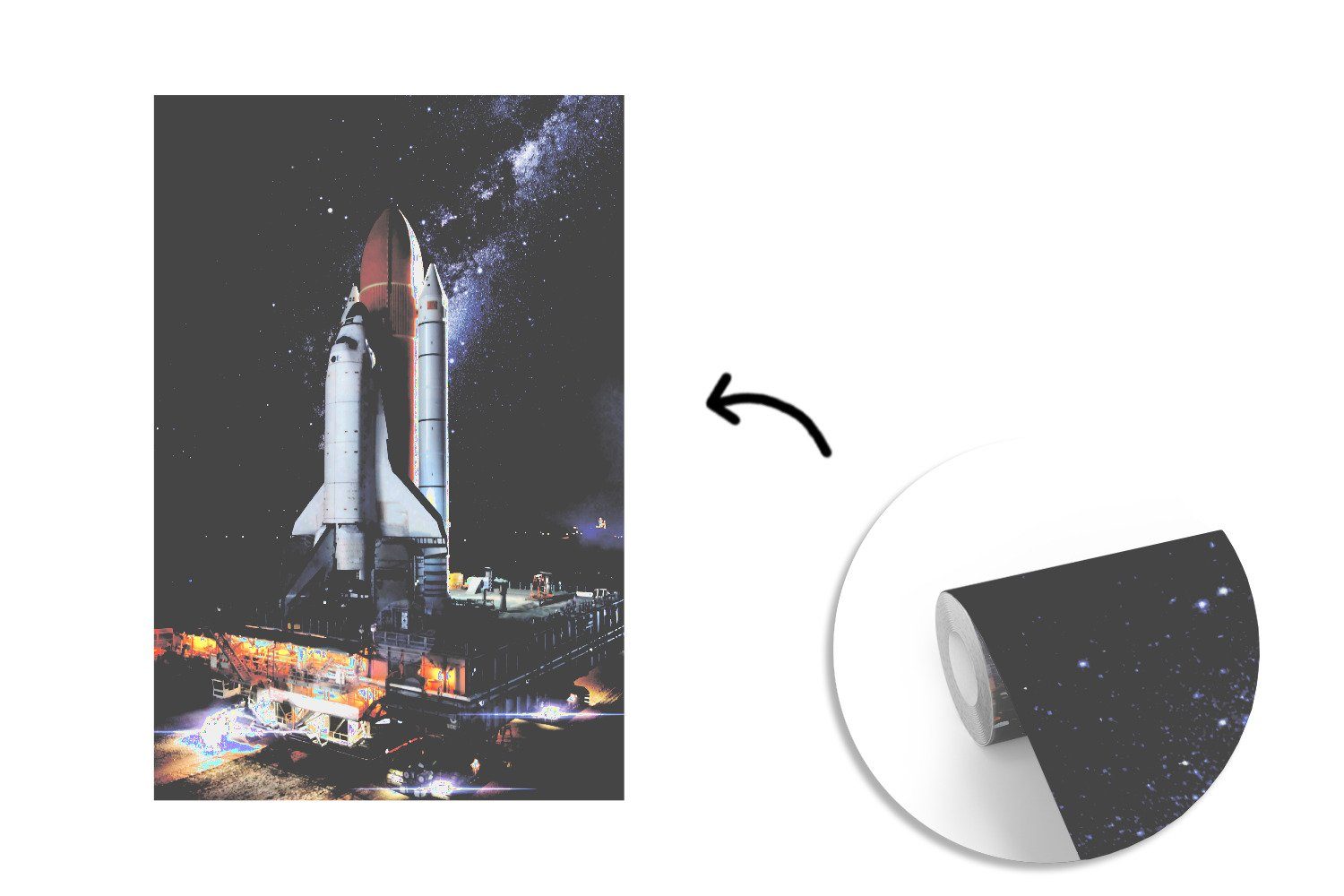 MuchoWow Fototapete Rakete - Weltraum - Sterne, Matt, bedruckt, (3 St), Montagefertig Vinyl Tapete für Wohnzimmer, Wandtapete