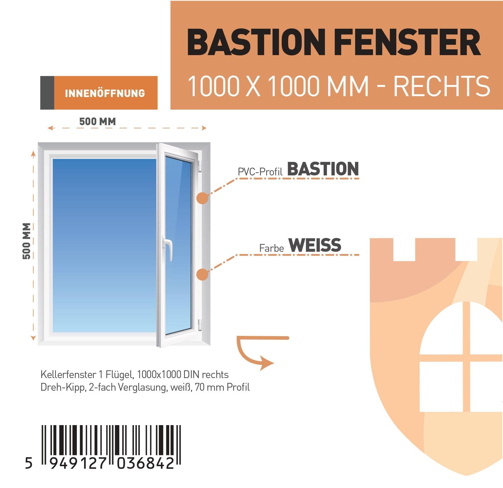 SN DECO GROUP Kellerfenster 1 Flügel 1000x1000 Dreh-Kipp 2-fach Verglasung weiß 70 mm Profil, (Set), RC2 Sicherheitsbeschlag, Hochwertiges 5-Kammer-Profil